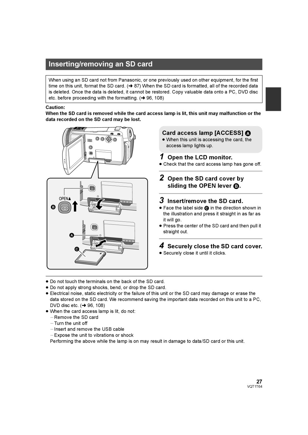 Panasonic HDC-SD100PC Inserting/removing an SD card, Card access lamp Access a, Open the LCD monitor 