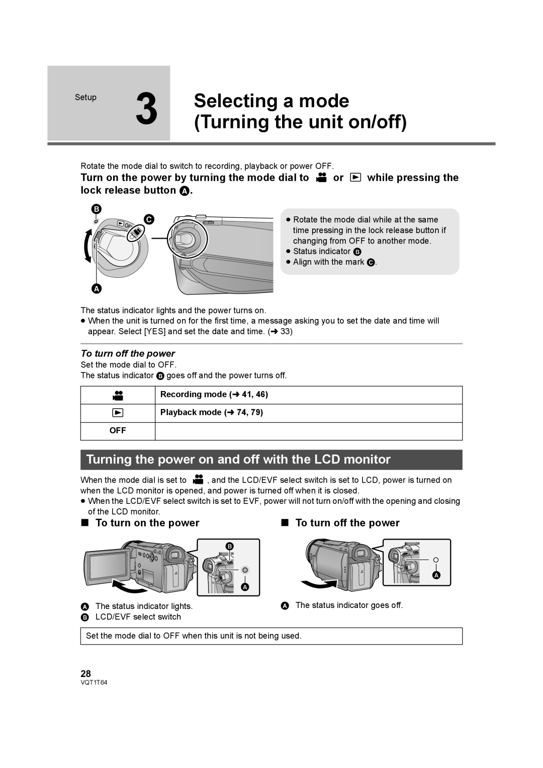 Panasonic HDC-SD100PC Selecting a mode, Turning the unit on/off, Turning the power on and off with the LCD monitor, Off 