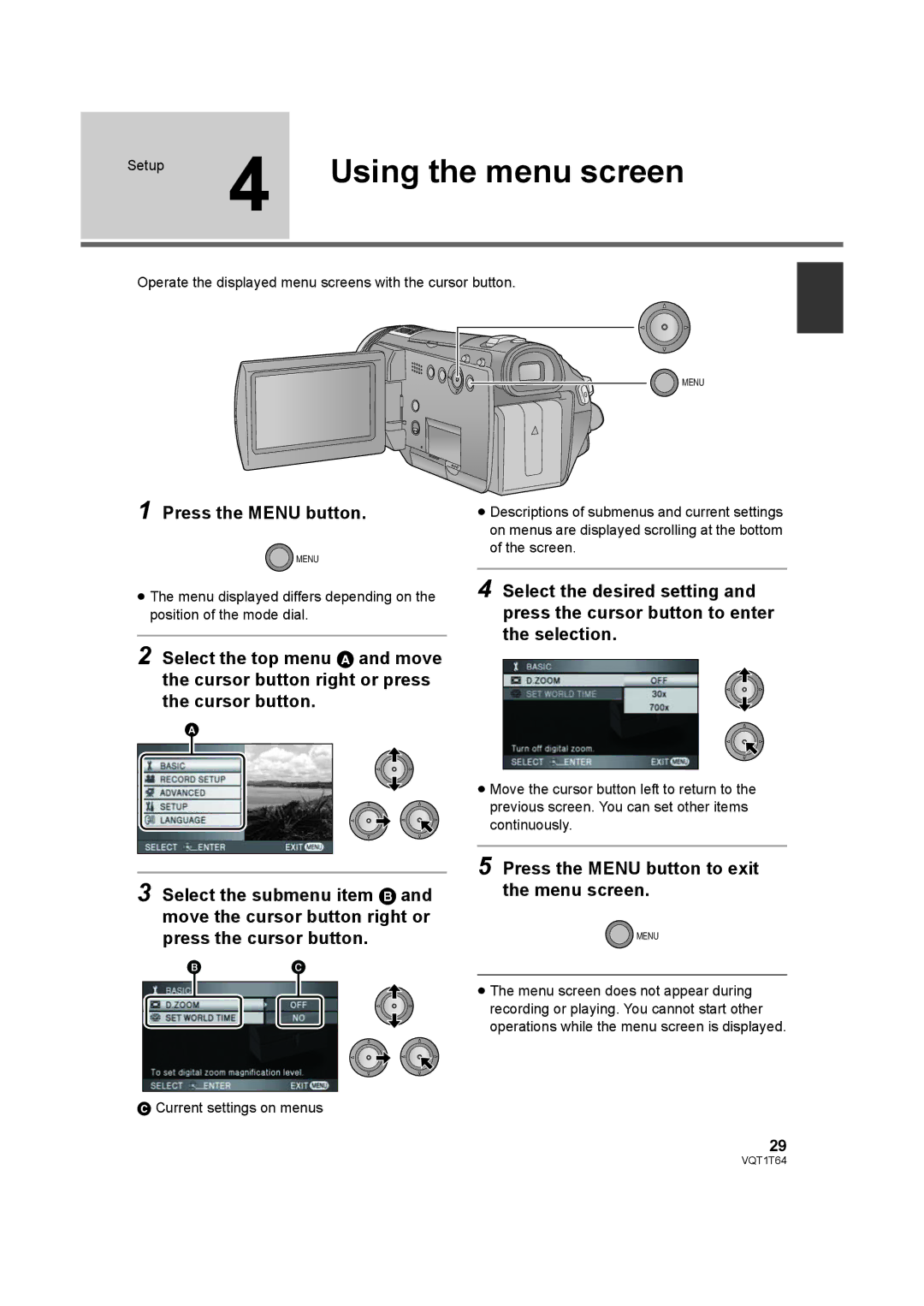 Panasonic HDC-SD100PC operating instructions Setup 4 Using the menu screen 