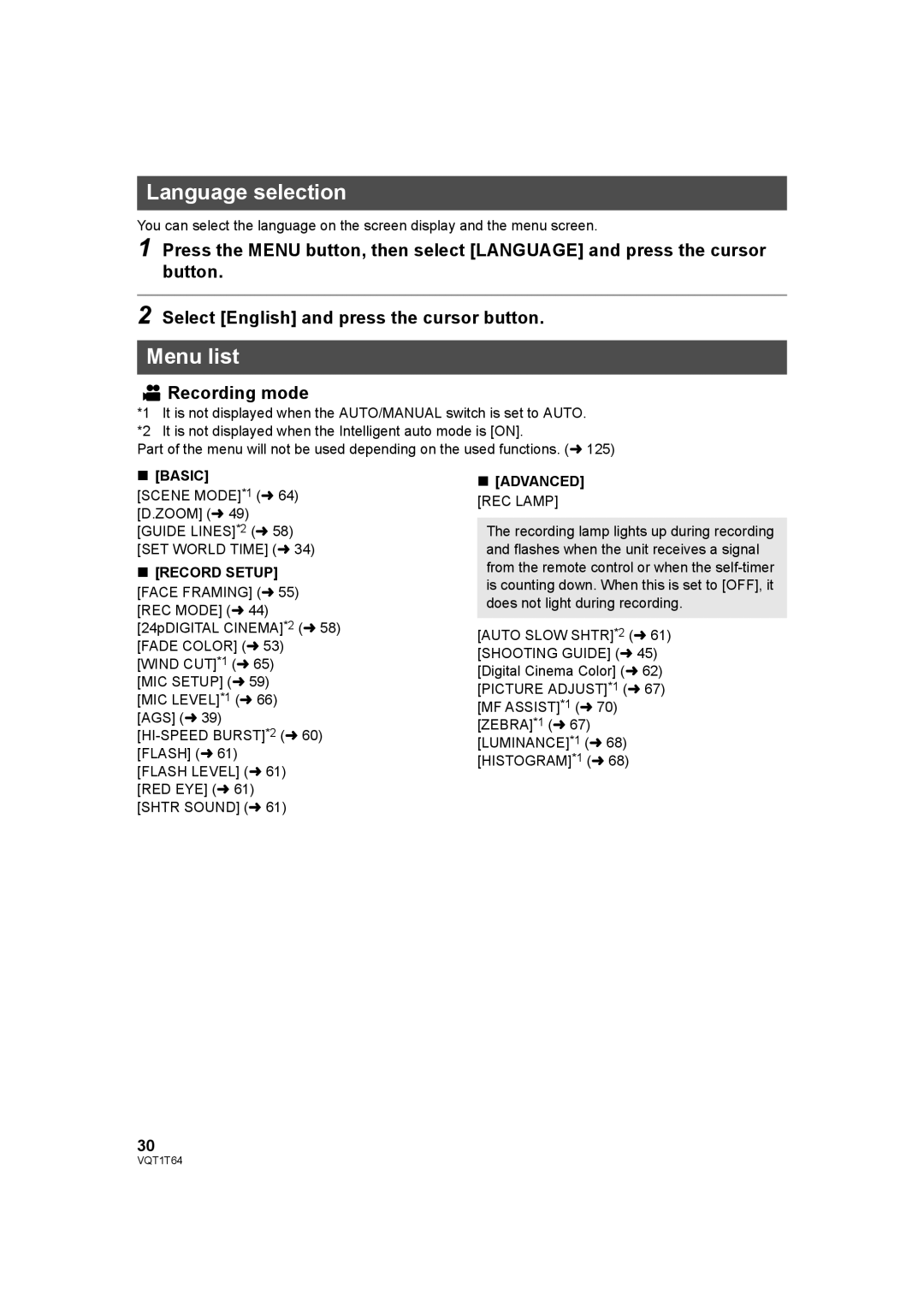 Panasonic HDC-SD100PC operating instructions Language selection, Menu list, Recording mode, Basic, Advanced REC Lamp 