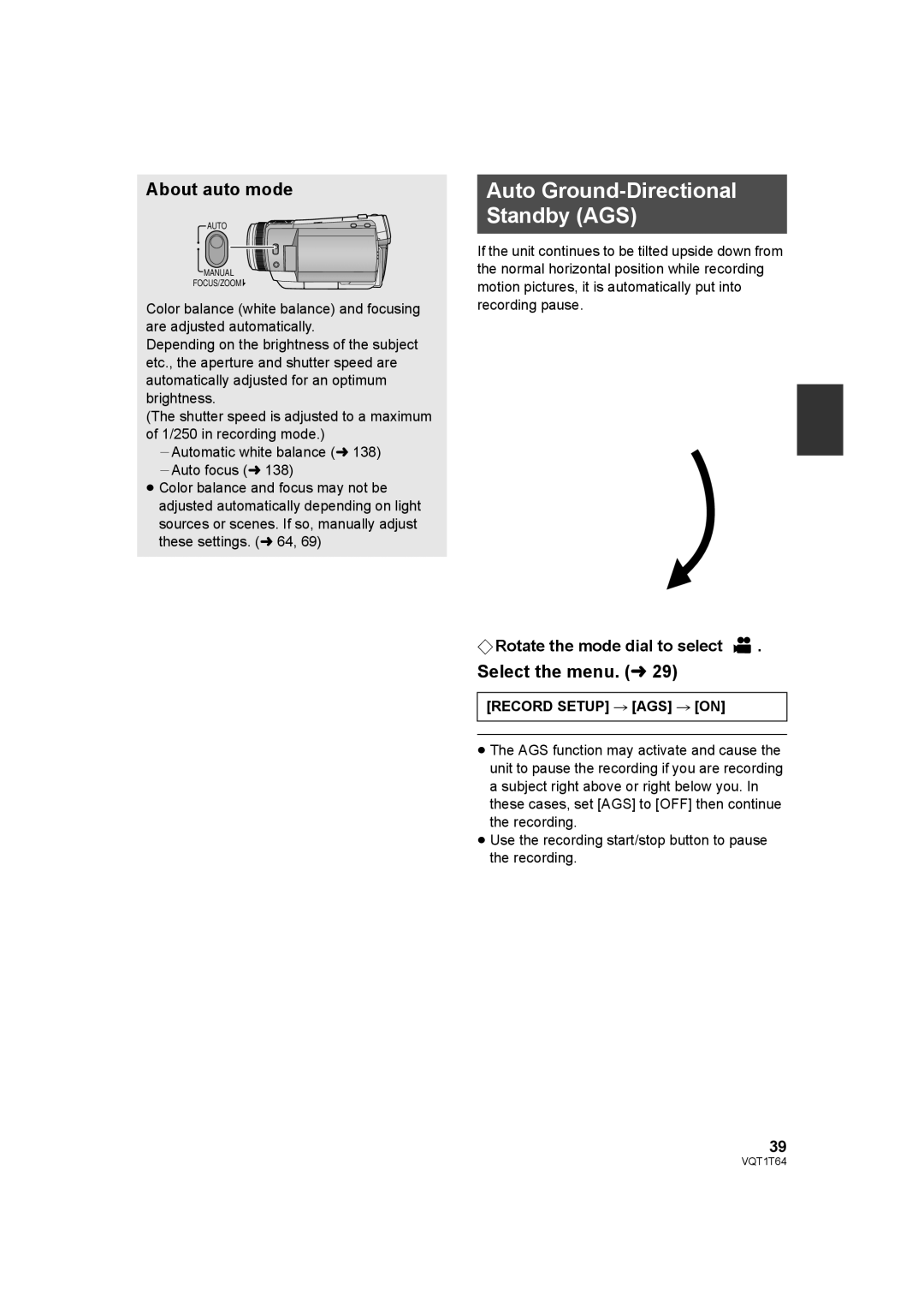 Panasonic HDC-SD100PC Auto Ground-Directional Standby AGS, About auto mode, Record Setup # AGS # on 