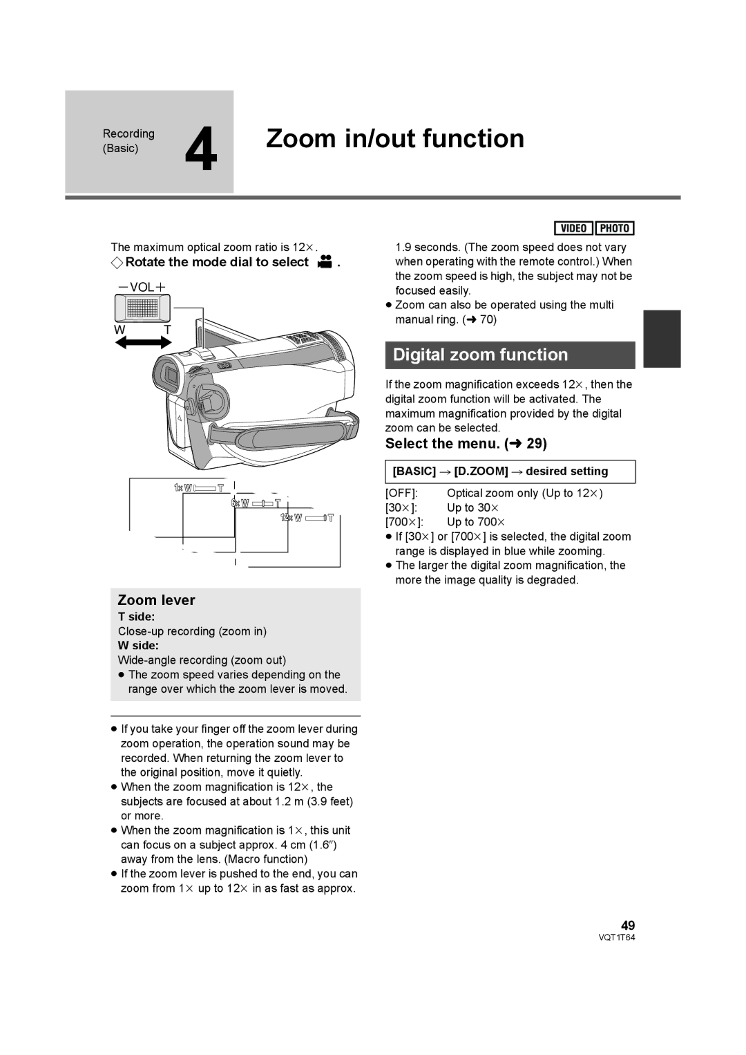 Panasonic HDC-SD100P Zoom in/out function, Digital zoom function, Zoom lever, Side, Basic # D.ZOOM # desired setting 