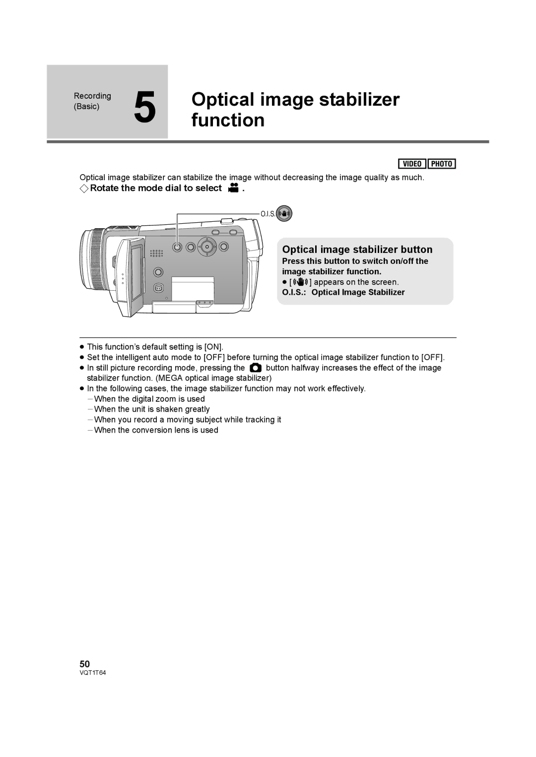 Panasonic HDC-SD100PC operating instructions Function, Optical image stabilizer button, S. Optical Image Stabilizer 