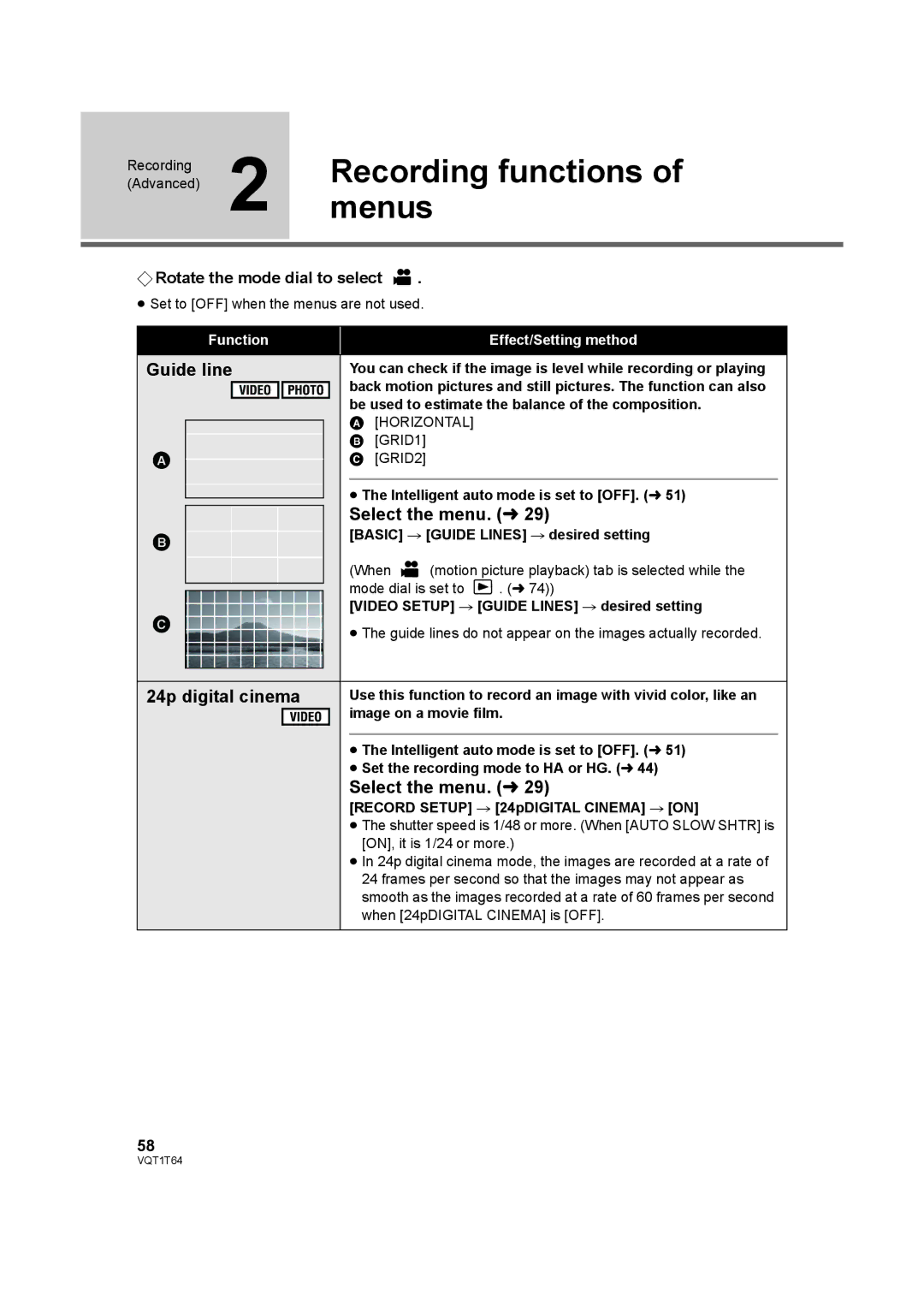 Panasonic HDC-SD100PC operating instructions MenusRecording functions, Guide line, 24p digital cinema 