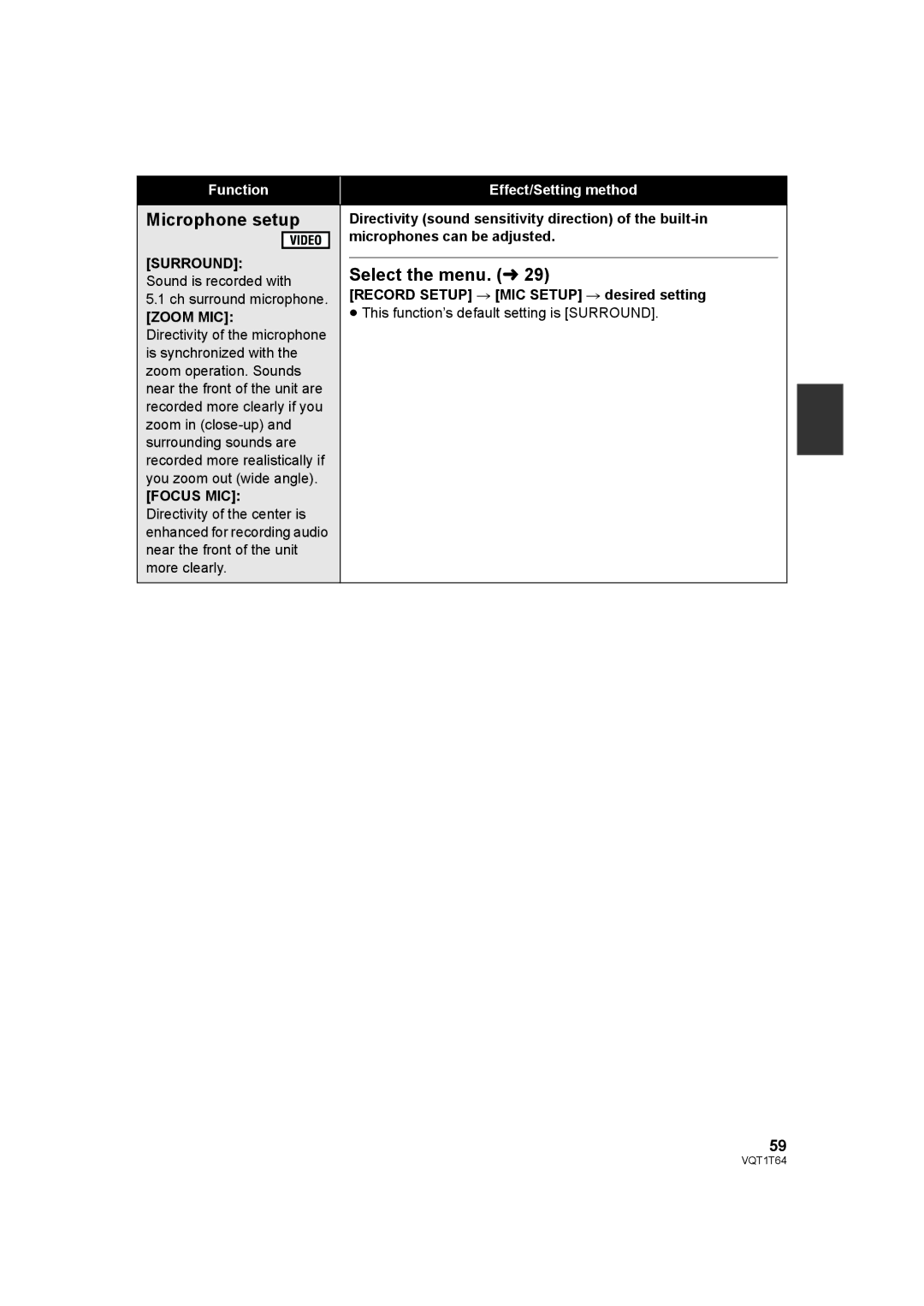 Panasonic HDC-SD100PC operating instructions Microphone setup, Surround, Zoom MIC, Focus MIC 