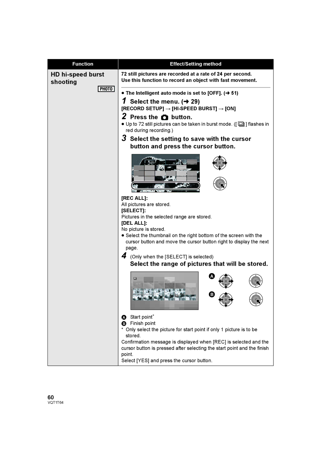 Panasonic HDC-SD100PC HD hi-speed burst shooting, Press the button, Select the range of pictures that will be stored 