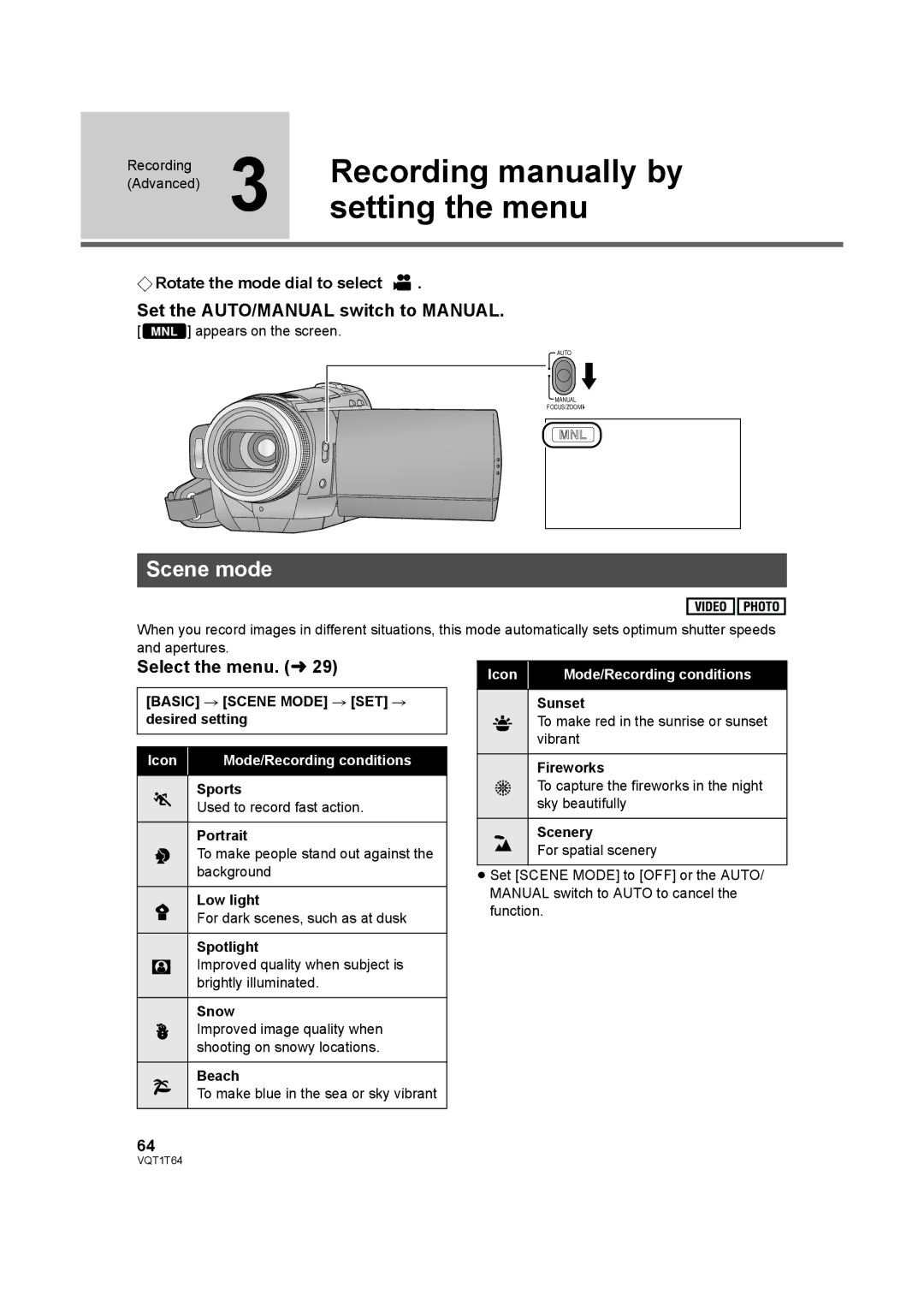 Panasonic HDC-SD100PC Recording manually by, Setting the menu, Scene mode, Set the AUTO/MANUAL switch to Manual 