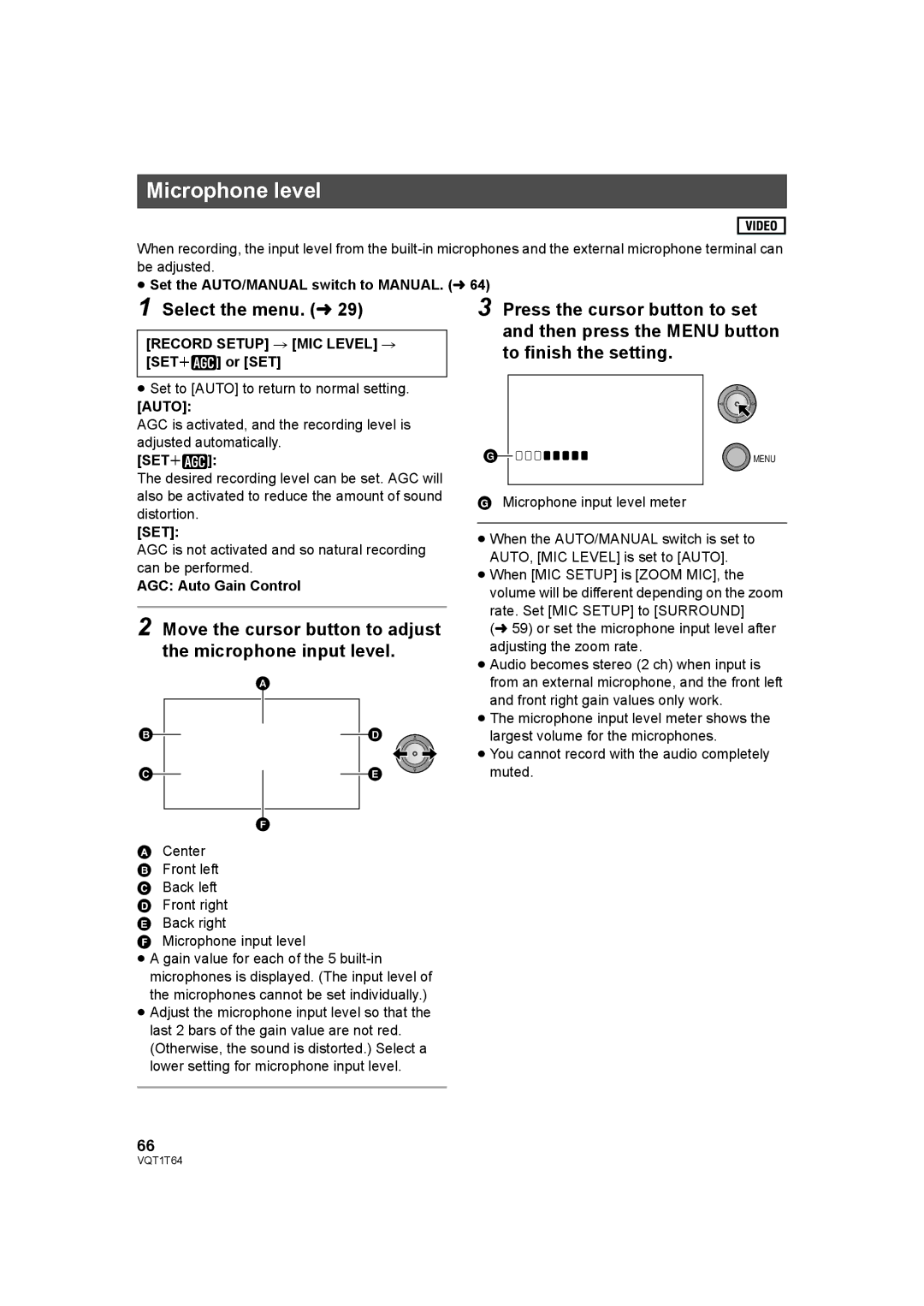 Panasonic HDC-SD100PC Microphone level, Move the cursor button to adjust the microphone input level, Auto 