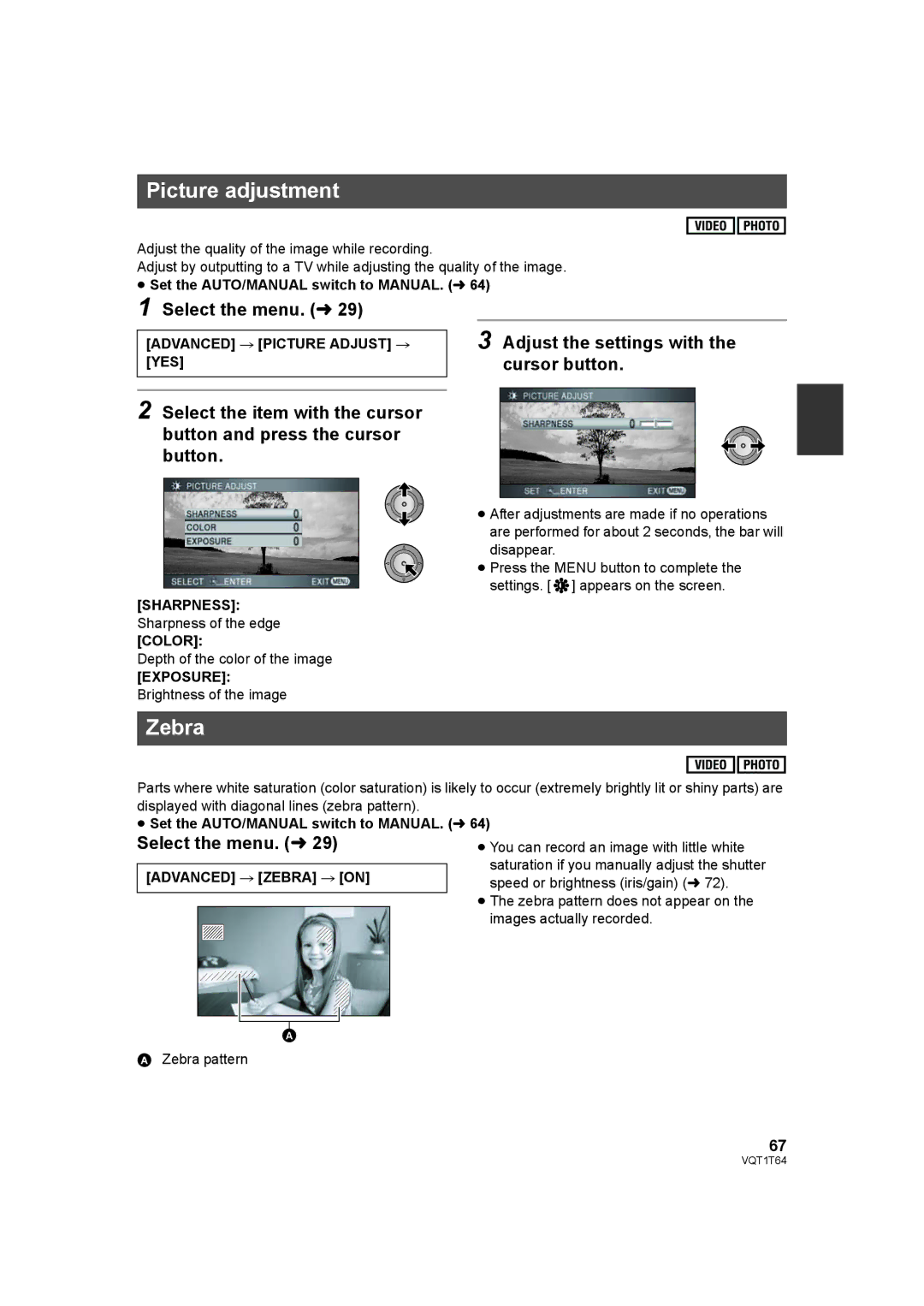 Panasonic HDC-SD100PC Picture adjustment, Advanced # Picture Adjust # YES, Advanced # Zebra # on 