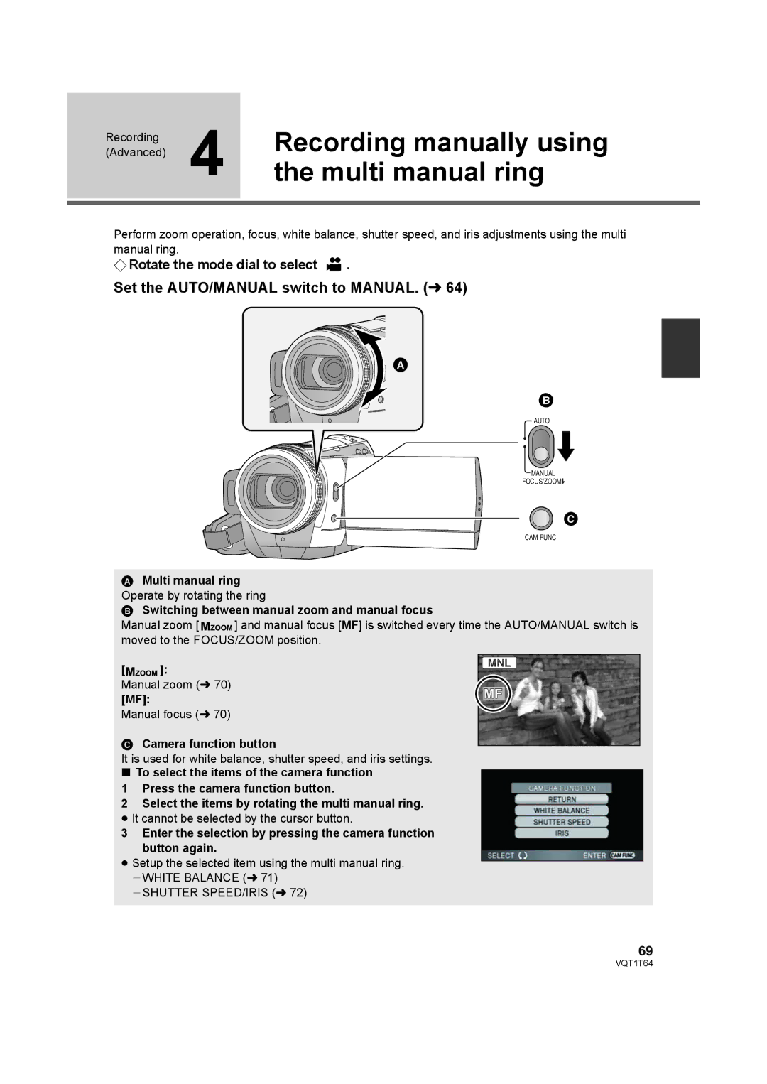 Panasonic HDC-SD100PC Recording manually using, Multi manual ring, Set the AUTO/MANUAL switch to MANUAL. l 