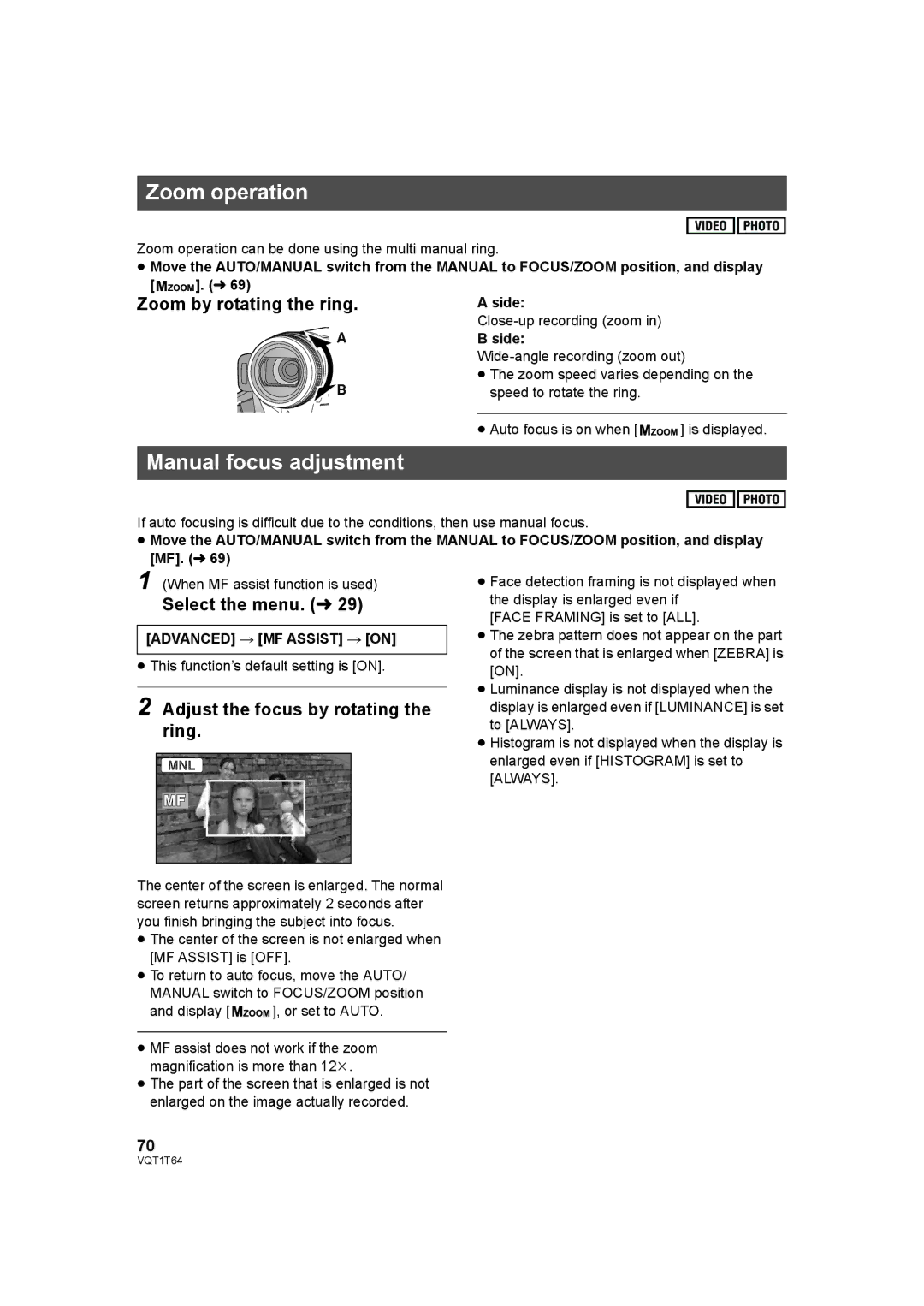 Panasonic HDC-SD100PC Zoom operation, Manual focus adjustment, Zoom by rotating the ring, Advanced # MF Assist # on 