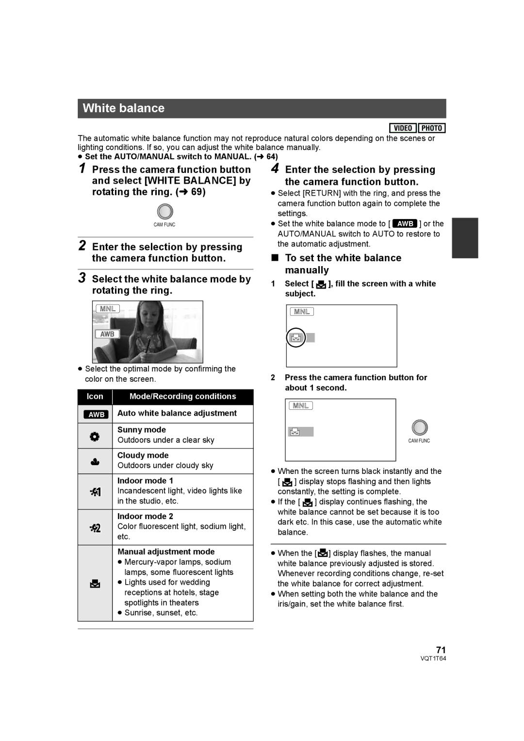 Panasonic HDC-SD100PC operating instructions White balance, Enter the selection by pressing the camera function button 