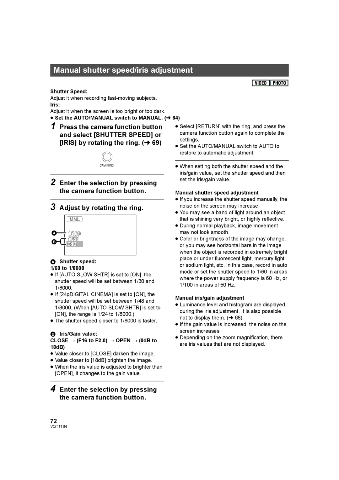 Panasonic HDC-SD100PC operating instructions Manual shutter speed/iris adjustment 