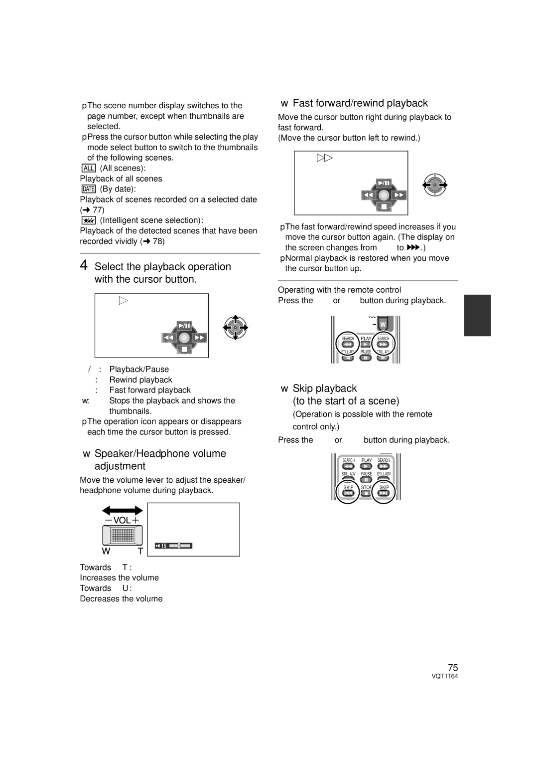 Panasonic HDC-SD100P Select the playback operation with the cursor button, Speaker/Headphone volume adjustment 