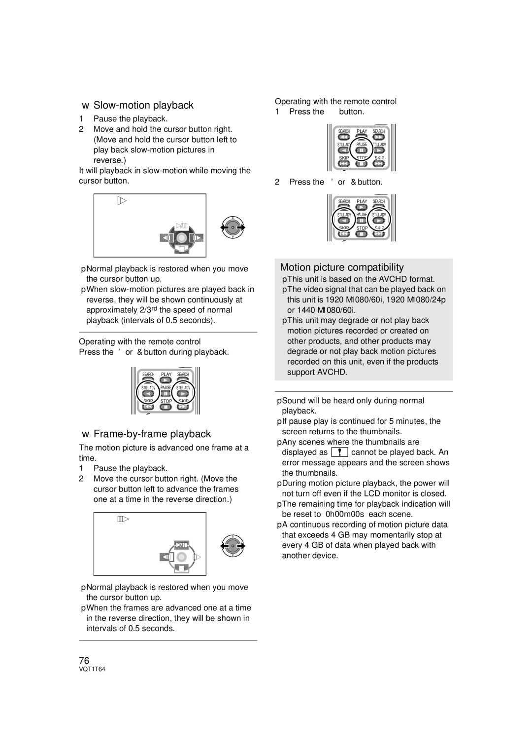 Panasonic HDC-SD100PC operating instructions Slow-motion playback, Frame-by-frame playback, Motion picture compatibility 