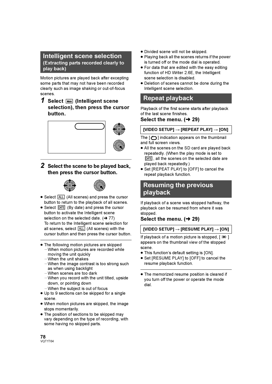 Panasonic HDC-SD100PC operating instructions Intelligent scene selection, Repeat playback, Resuming the previous playback 