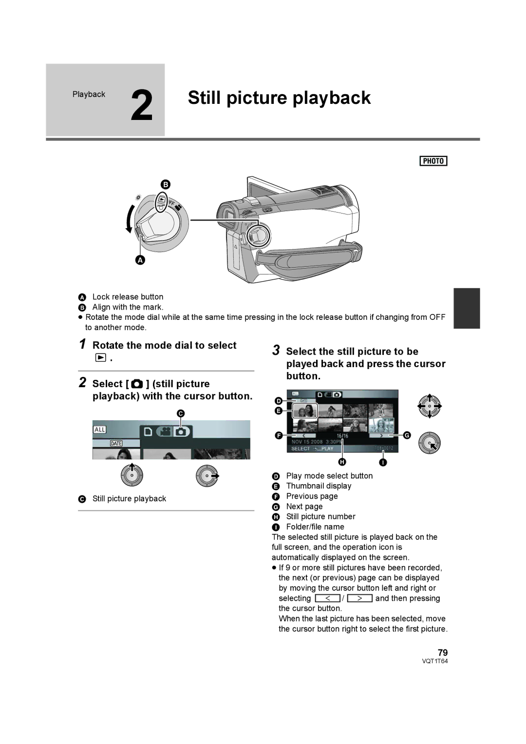 Panasonic HDC-SD100PC operating instructions Still picture playback, Selecting / and then pressing the cursor button 