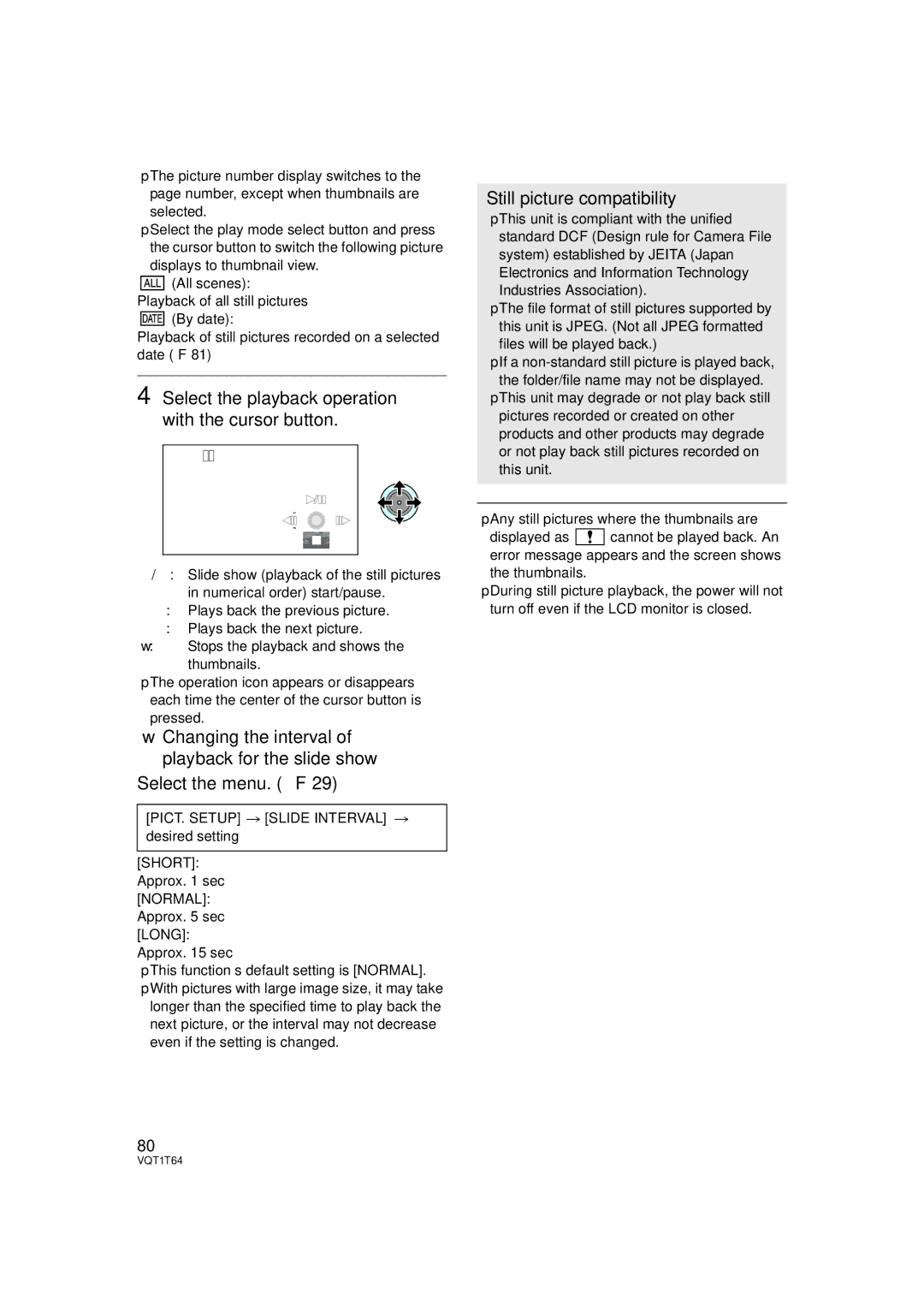 Panasonic HDC-SD100PC Still picture compatibility, PICT. Setup # Slide Interval # desired setting, Short 