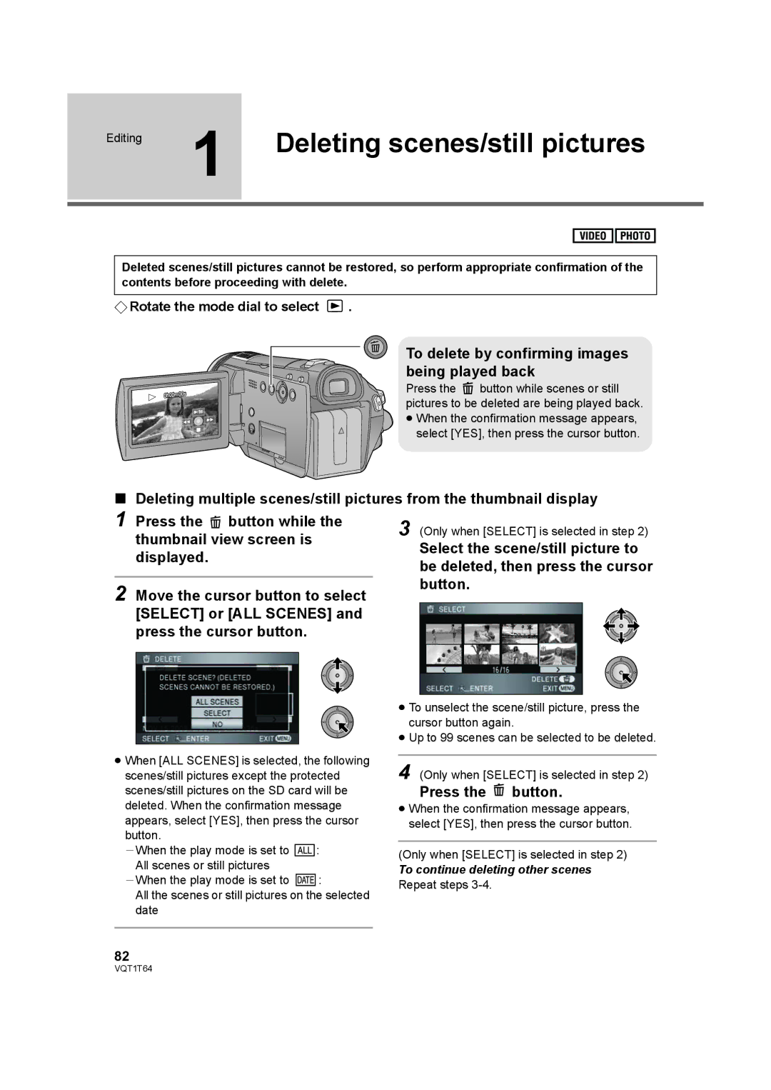 Panasonic HDC-SD100PC operating instructions Deleting scenes/still pictures 