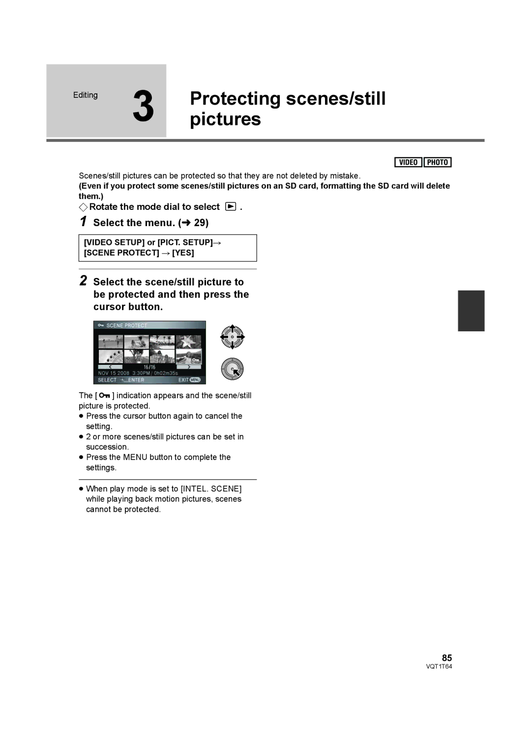 Panasonic HDC-SD100P PicturesProtecting scenes/still, Editing, Video Setup or PICT. SETUP# Scene Protect # YES 