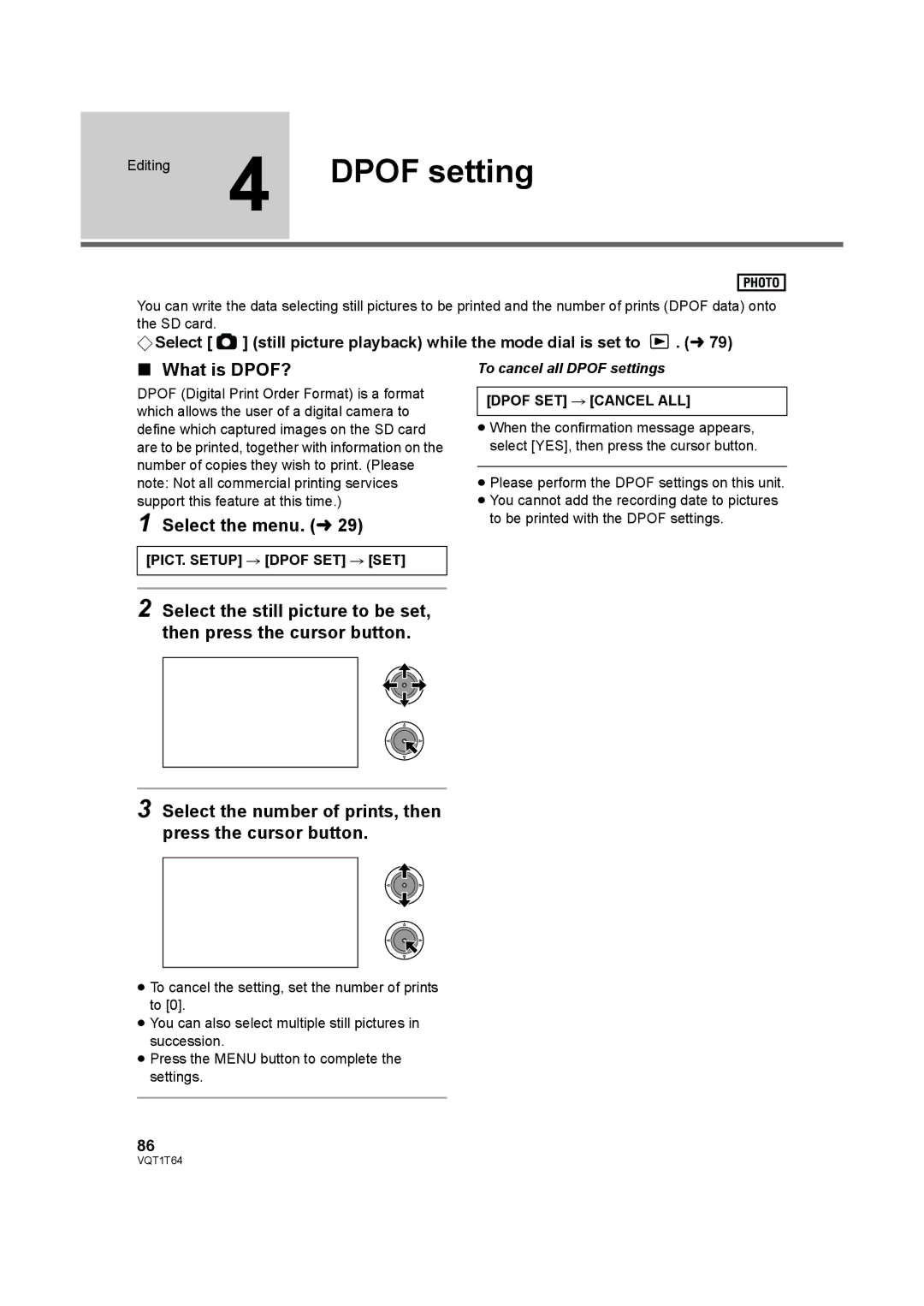 Panasonic HDC-SD100PC Editing 4 Dpof setting, What is DPOF?, PICT. Setup # Dpof SET # SET, Dpof SET # Cancel ALL 