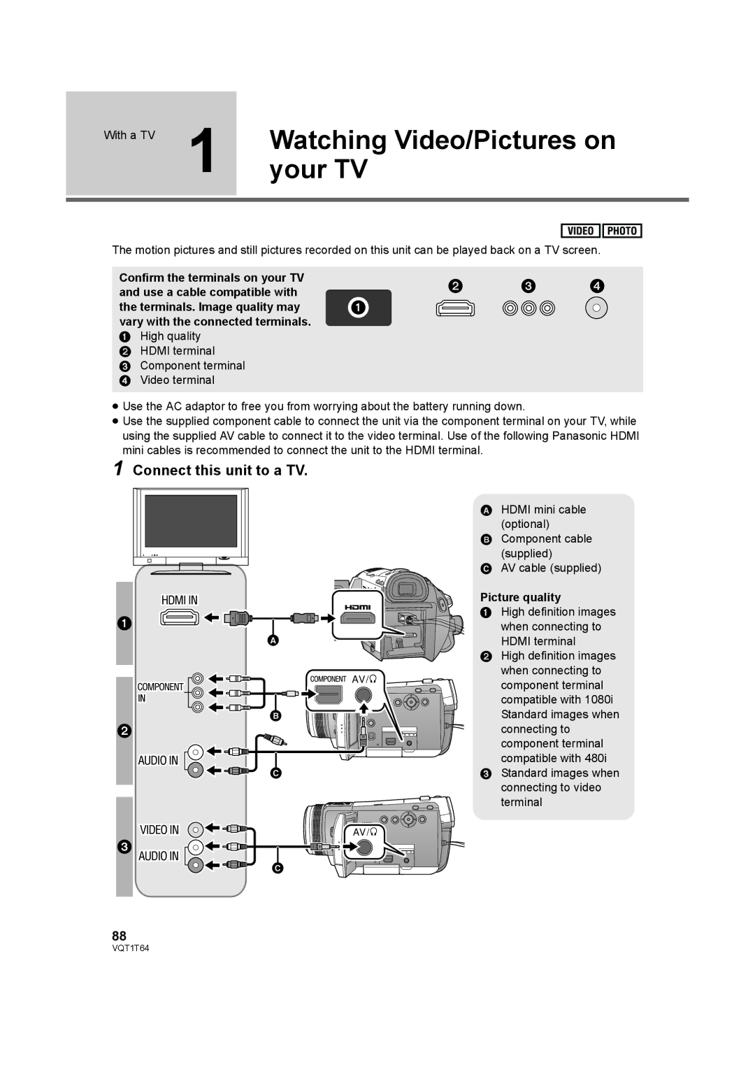 Panasonic HDC-SD100PC Watching Video/Pictures on, Your TV, Connect this unit to a TV, With a TV, Picture quality 