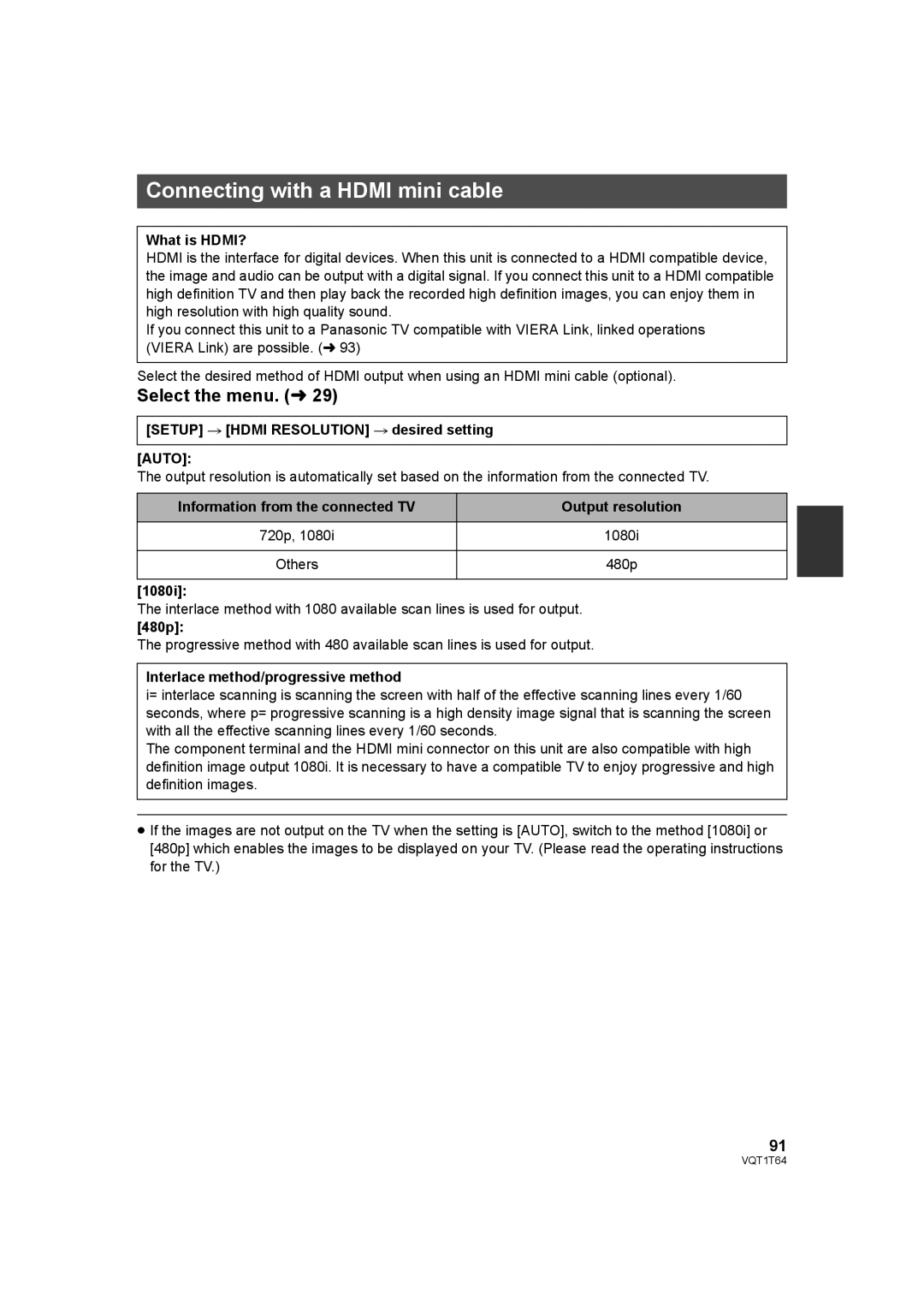 Panasonic HDC-SD100P Connecting with a Hdmi mini cable, What is HDMI?, Setup # Hdmi Resolution # desired setting, 480p 