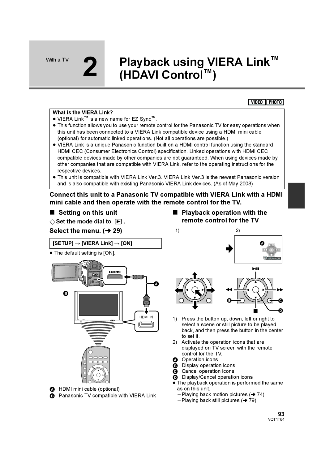 Panasonic HDC-SD100P Playback using Viera Link, Hdavi Control, Playback operation with the remote control for the TV 