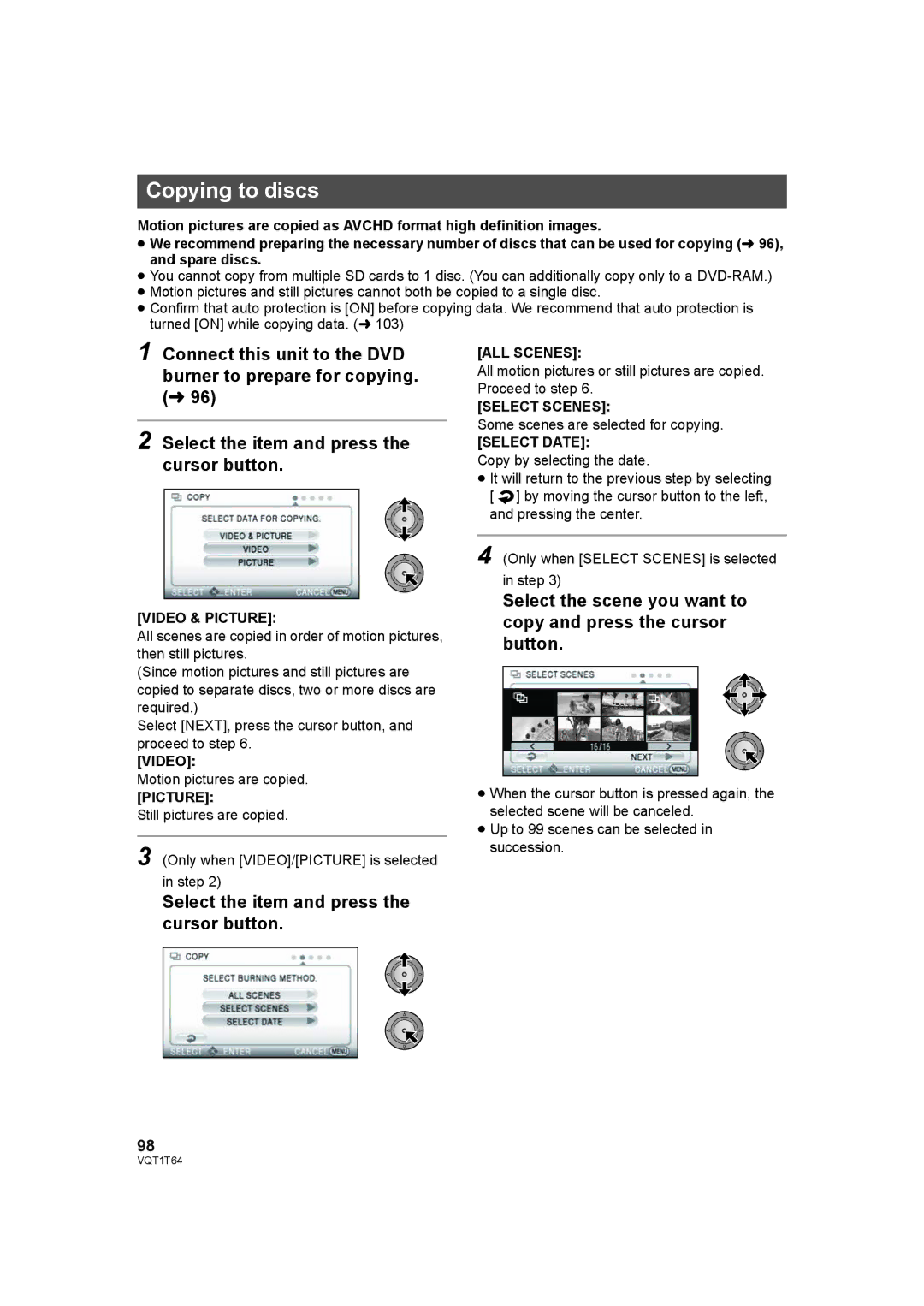 Panasonic HDC-SD100PC operating instructions Copying to discs 