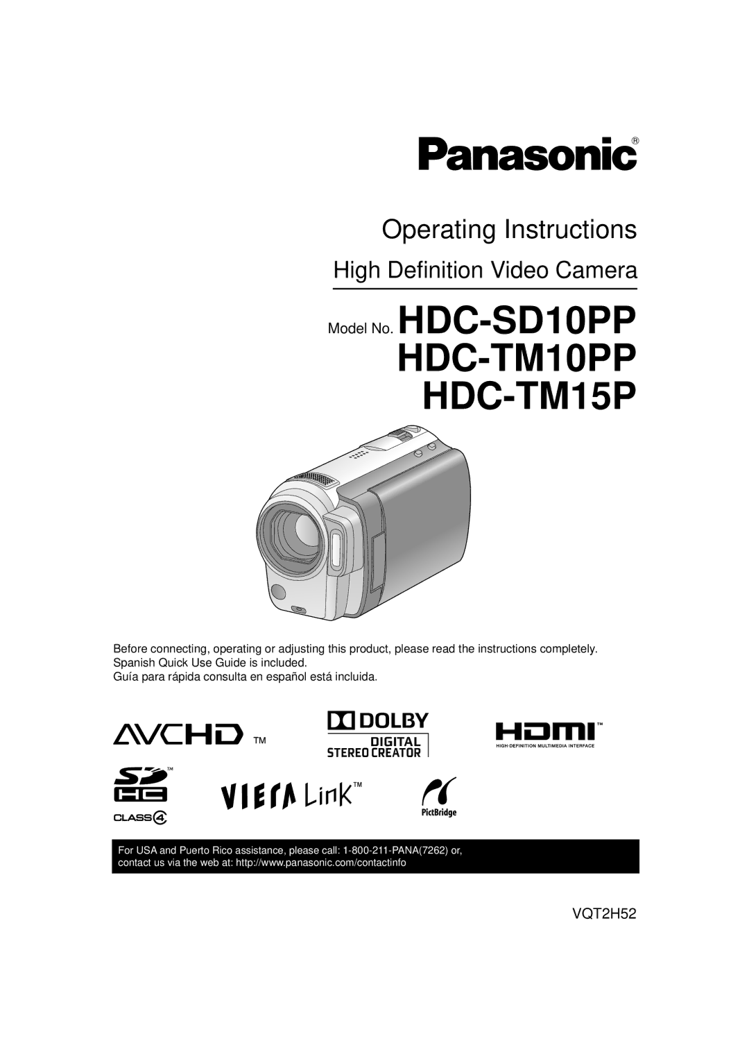 Panasonic HDC-SD10PP, VQT2H52 operating instructions HDC-TM10PP HDC-TM15P 