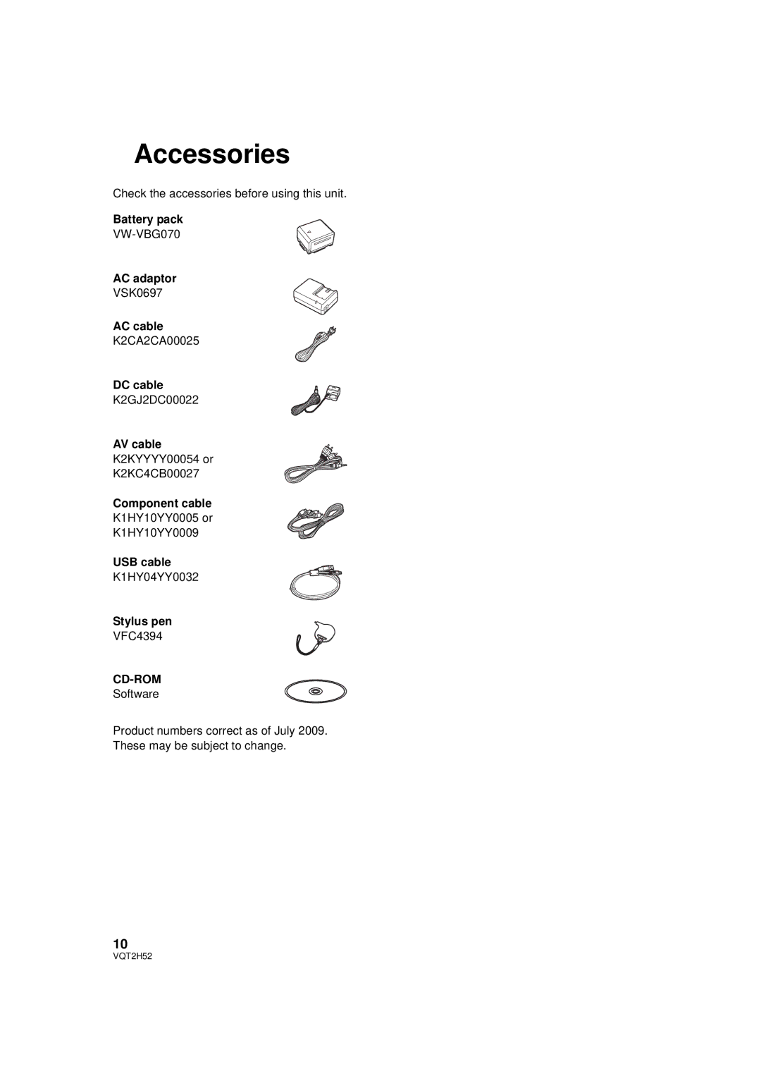 Panasonic HDC-TM10PP, HDC-SD10PP, HDC-TM15P, VQT2H52 operating instructions Accessories, Cd-Rom 