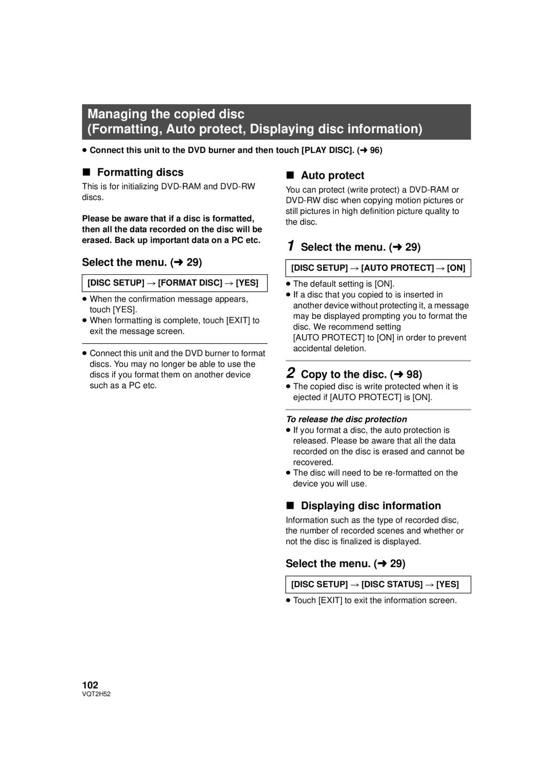 Panasonic HDC-TM10PP, HDC-SD10PP Formatting discs, Auto protect, Copy to the disc. l, Displaying disc information, 102 