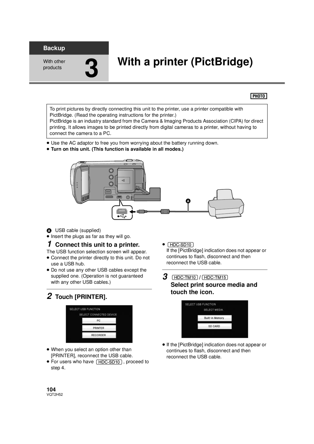 Panasonic HDC-SD10PP, HDC-TM15P, HDC-TM10PP With a printer PictBridge, Connect this unit to a printer, Touch Printer, 104 