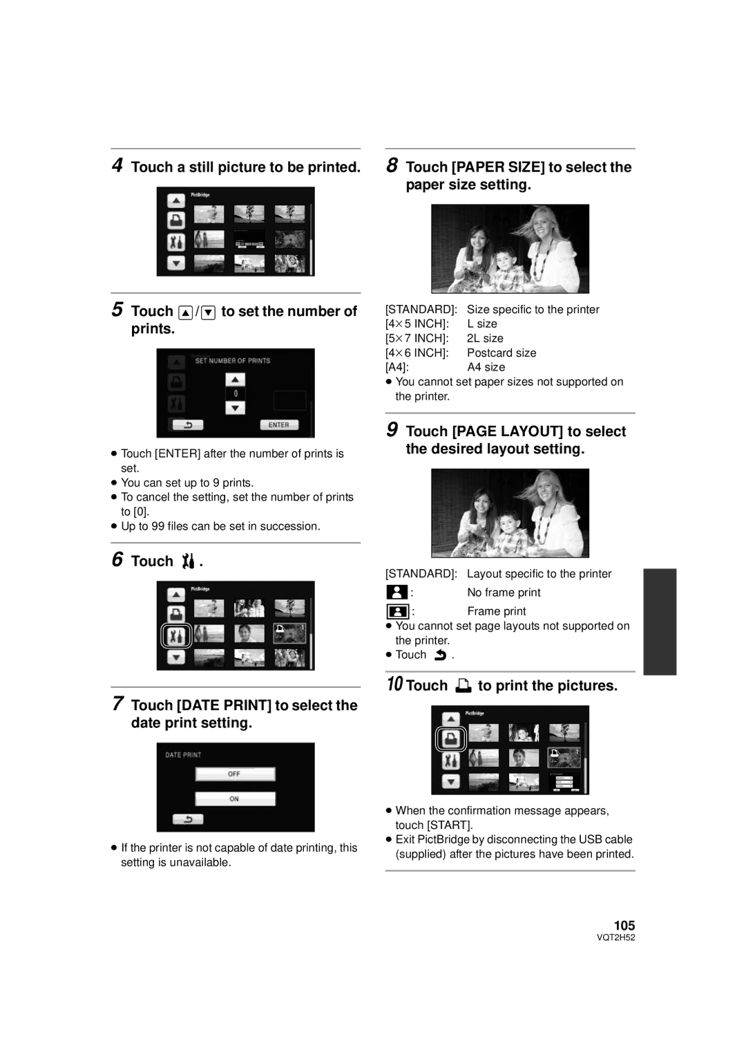 Panasonic HDC-TM15P, HDC-SD10PP Touch Touch Date Print to select the date print setting, Touch to print the pictures, 105 