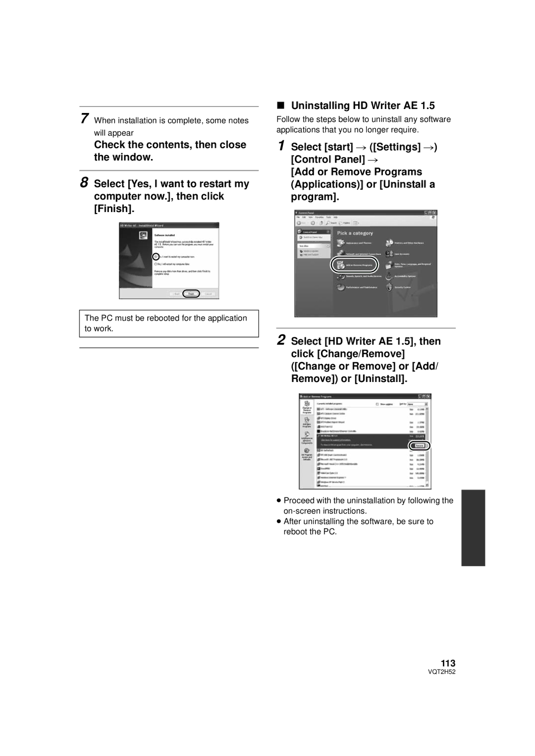 Panasonic HDC-TM15P, HDC-SD10PP, HDC-TM10PP, VQT2H52 operating instructions Uninstalling HD Writer AE, 113 