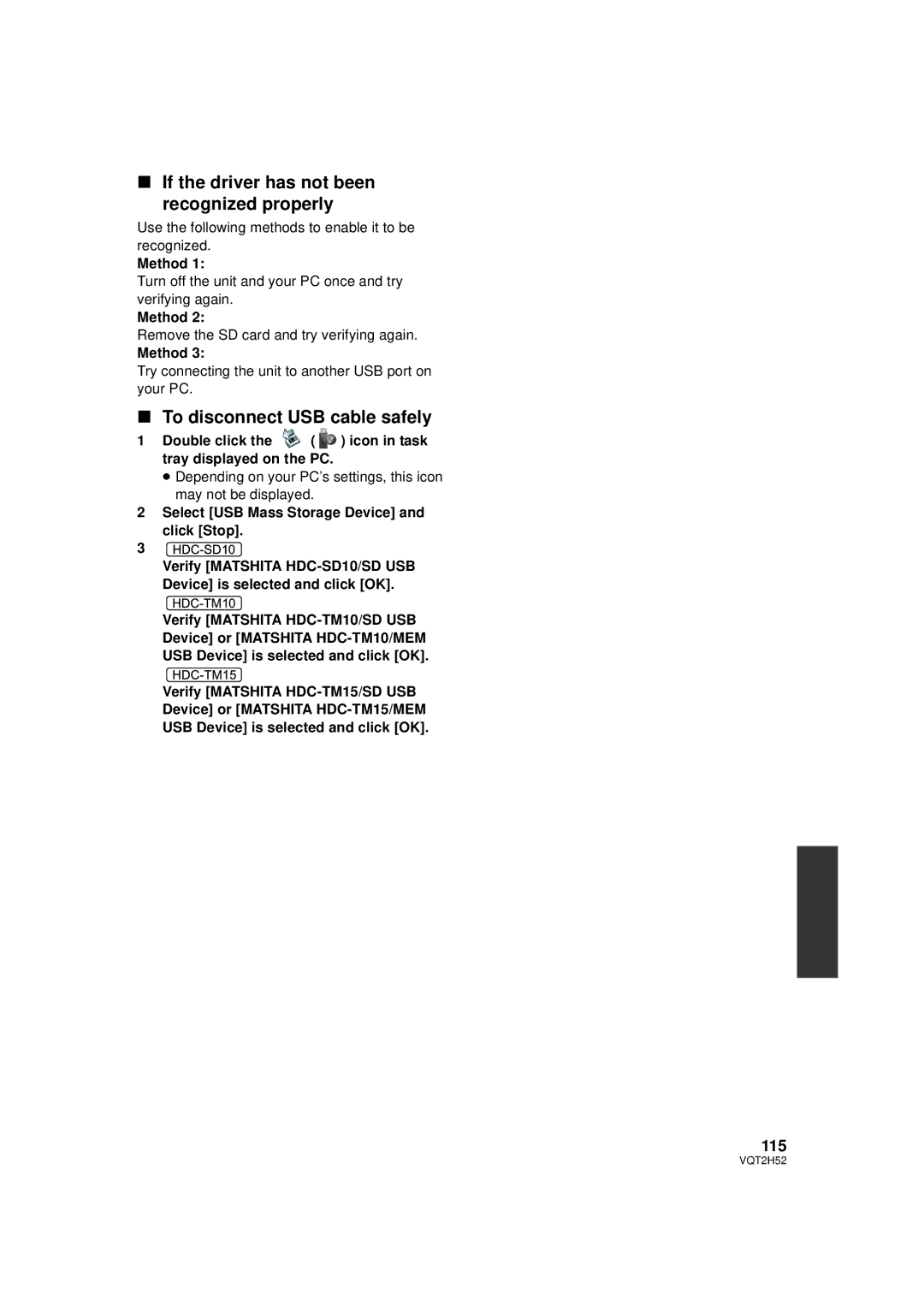 Panasonic VQT2H52, HDC-SD10PP If the driver has not been recognized properly, To disconnect USB cable safely, 115, Method 