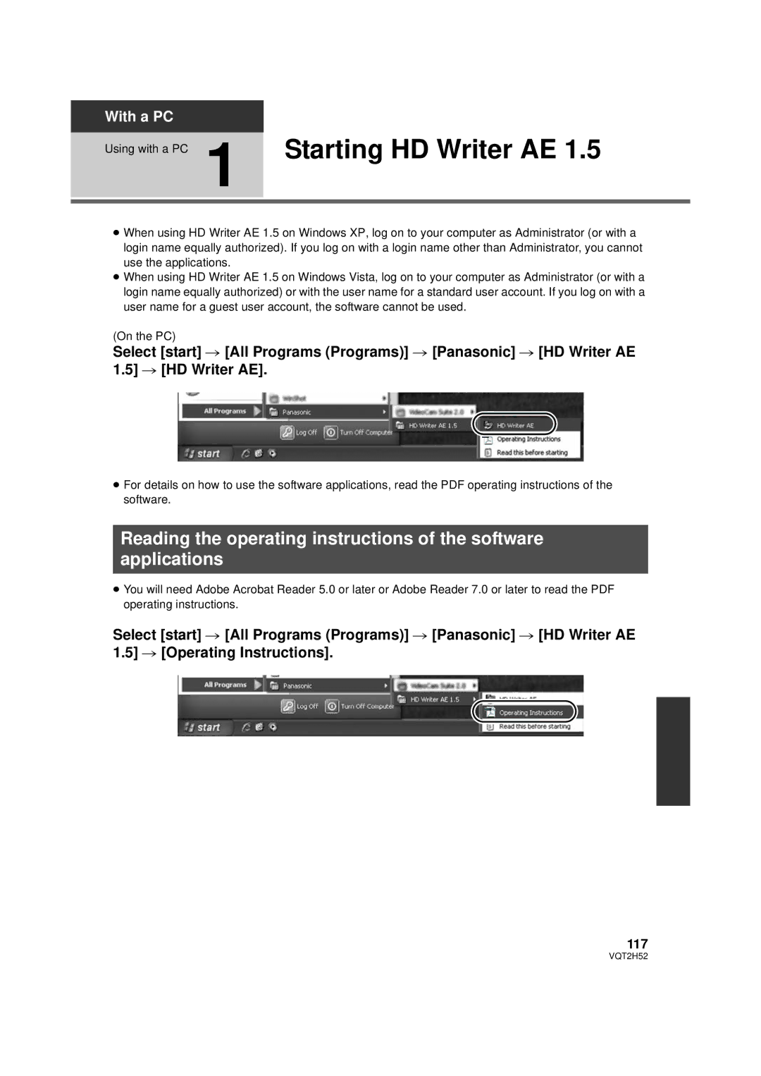 Panasonic HDC-TM15P, HDC-SD10PP, HDC-TM10PP, VQT2H52 operating instructions Using with a PC 1 Starting HD Writer AE, 117 