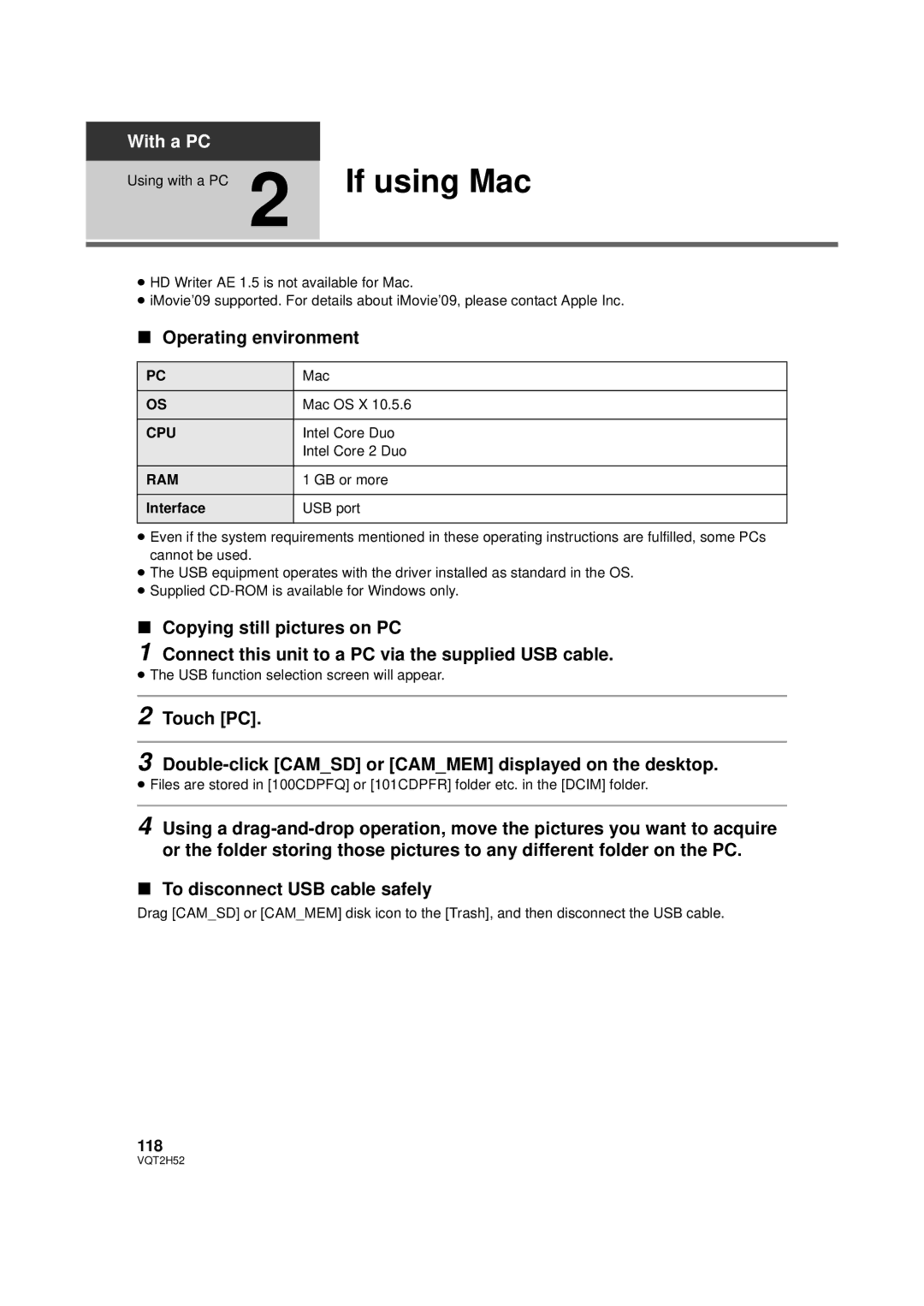 Panasonic HDC-TM10PP, HDC-SD10PP, HDC-TM15P, VQT2H52 operating instructions Operating environment, 118 