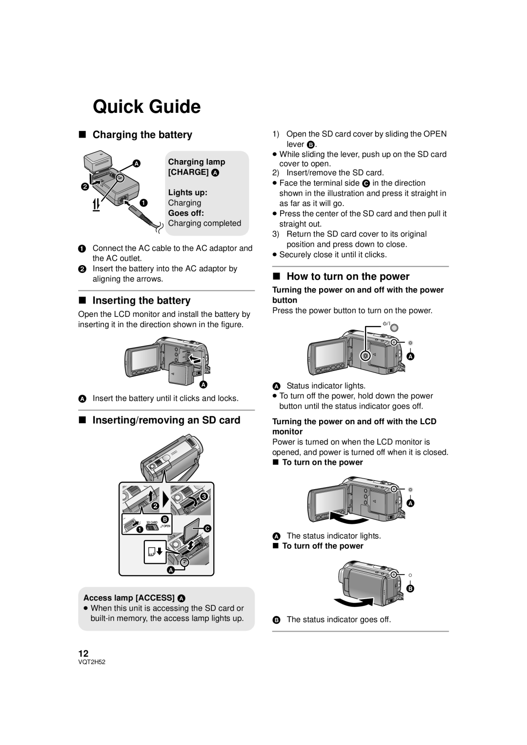 Panasonic HDC-SD10PP, HDC-TM15P Quick Guide, Charging the battery, Inserting the battery, Inserting/removing an SD card 