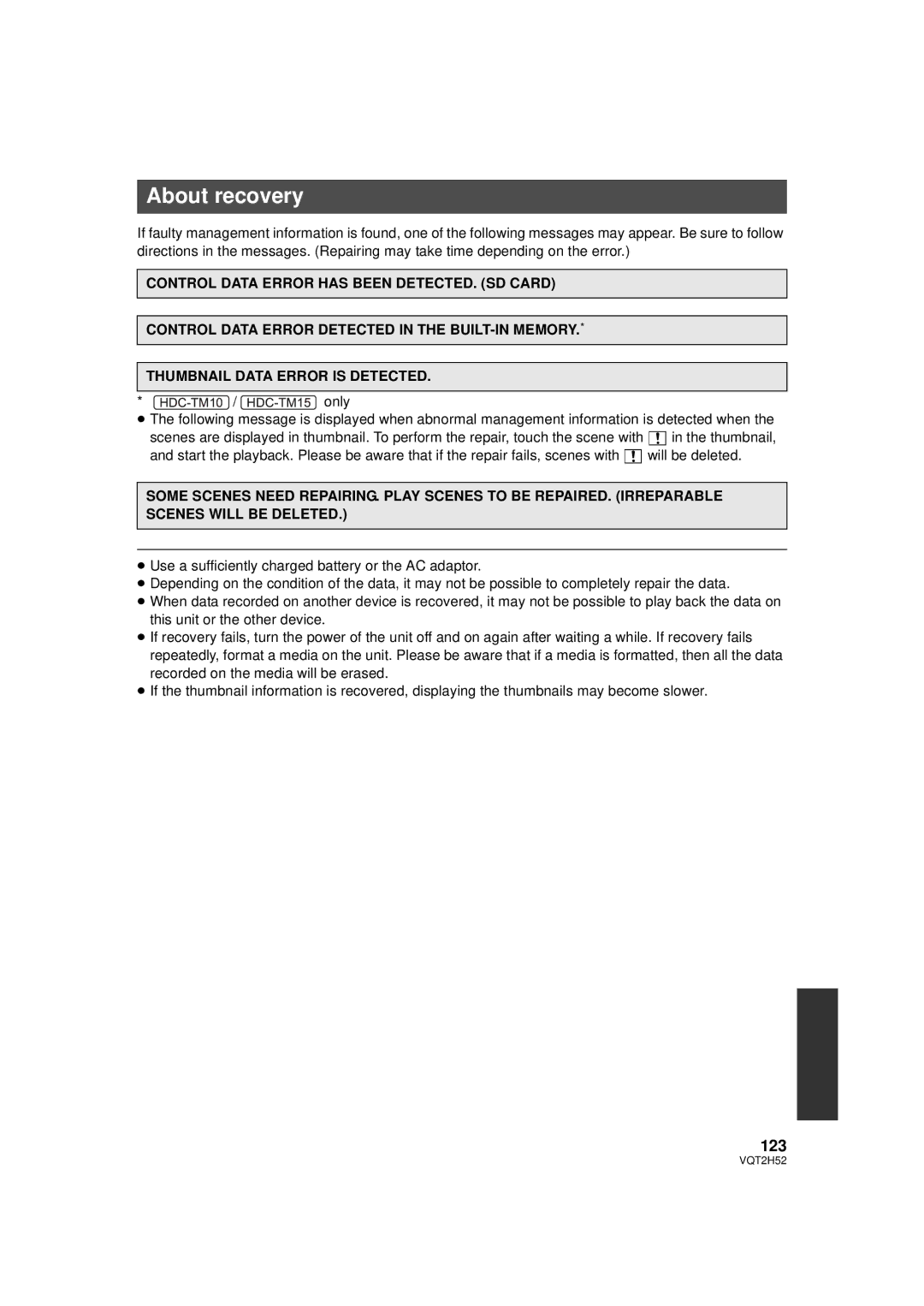 Panasonic VQT2H52, HDC-SD10PP, HDC-TM15P, HDC-TM10PP operating instructions About recovery, 123 