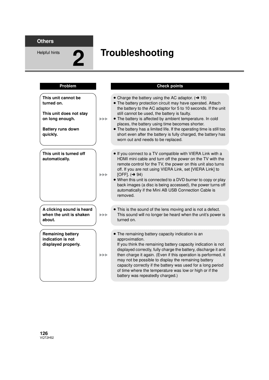 Panasonic HDC-TM10PP, HDC-SD10PP, HDC-TM15P, VQT2H52 operating instructions Troubleshooting, 126 