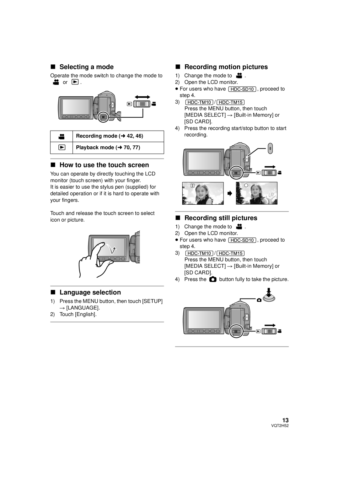 Panasonic HDC-TM15P, VQT2H52 Selecting a mode, How to use the touch screen, Language selection, Recording motion pictures 