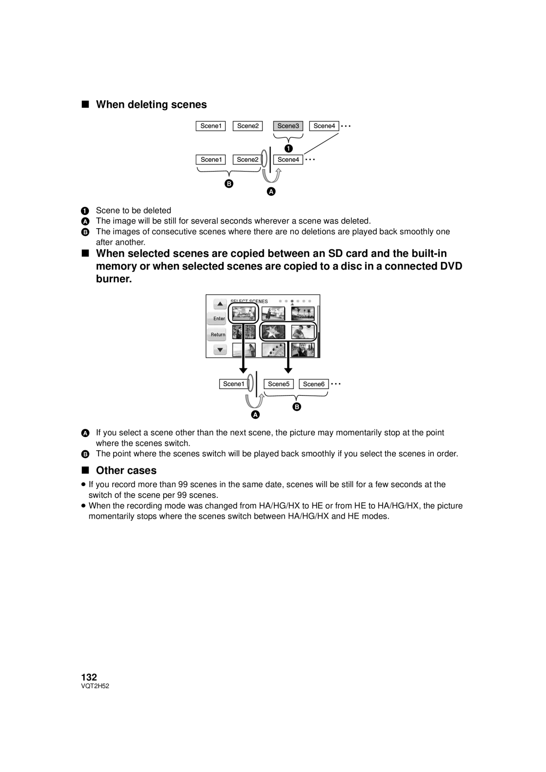 Panasonic HDC-SD10PP, HDC-TM15P, HDC-TM10PP, VQT2H52 operating instructions When deleting scenes, Other cases, 132 