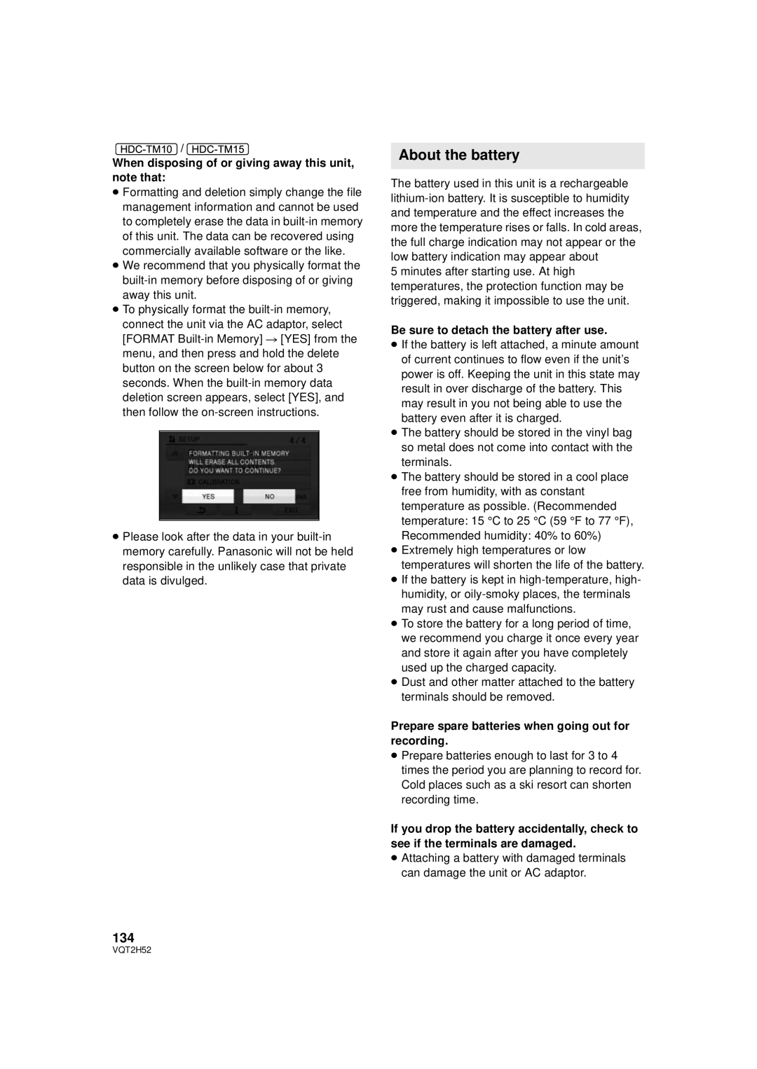 Panasonic HDC-TM10PP, HDC-SD10PP, HDC-TM15P About the battery, 134, When disposing of or giving away this unit, note that 