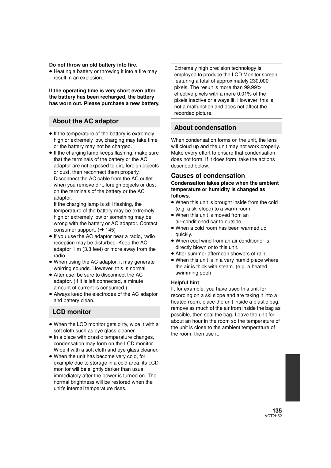 Panasonic VQT2H52, HDC-SD10PP, HDC-TM15P About the AC adaptor, LCD monitor, About condensation, Causes of condensation, 135 