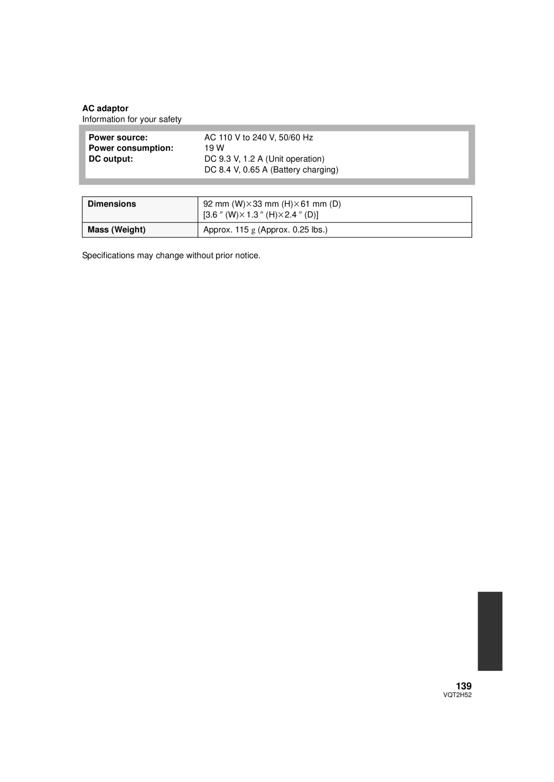 Panasonic VQT2H52, HDC-SD10PP, HDC-TM15P, HDC-TM10PP operating instructions 139, DC output, Dimensions 