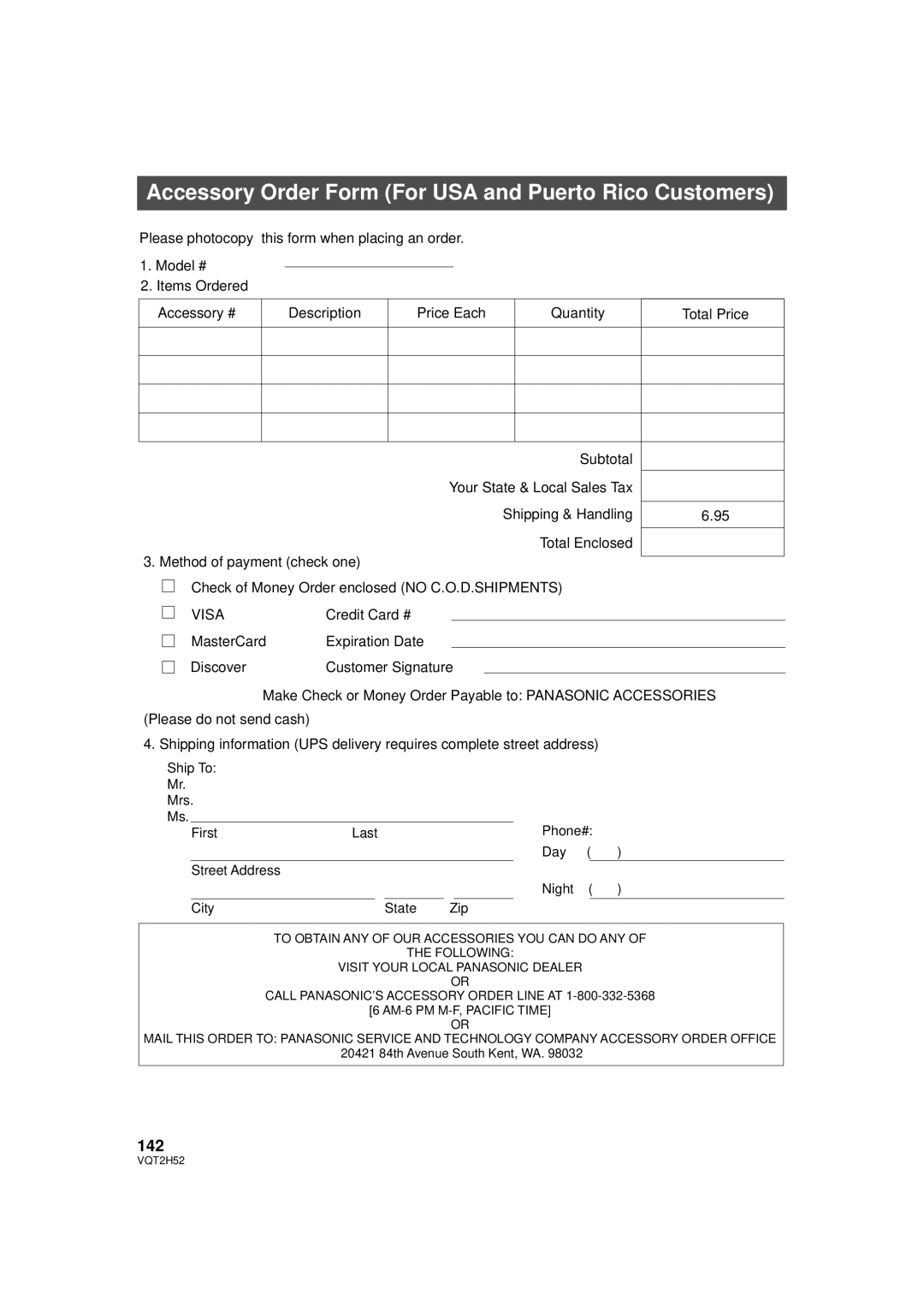 Panasonic HDC-TM10PP, HDC-SD10PP, HDC-TM15P, VQT2H52 Accessory Order Form For USA and Puerto Rico Customers, 142 