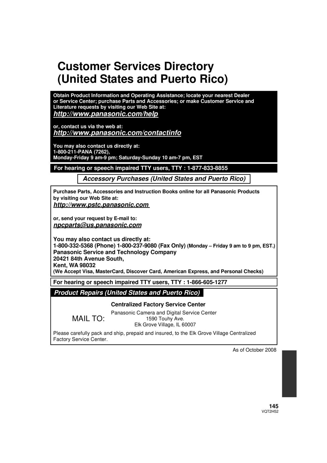 Panasonic HDC-TM15P Customer Services Directory United States and Puerto Rico, Centralized Factory Service Center, 145 