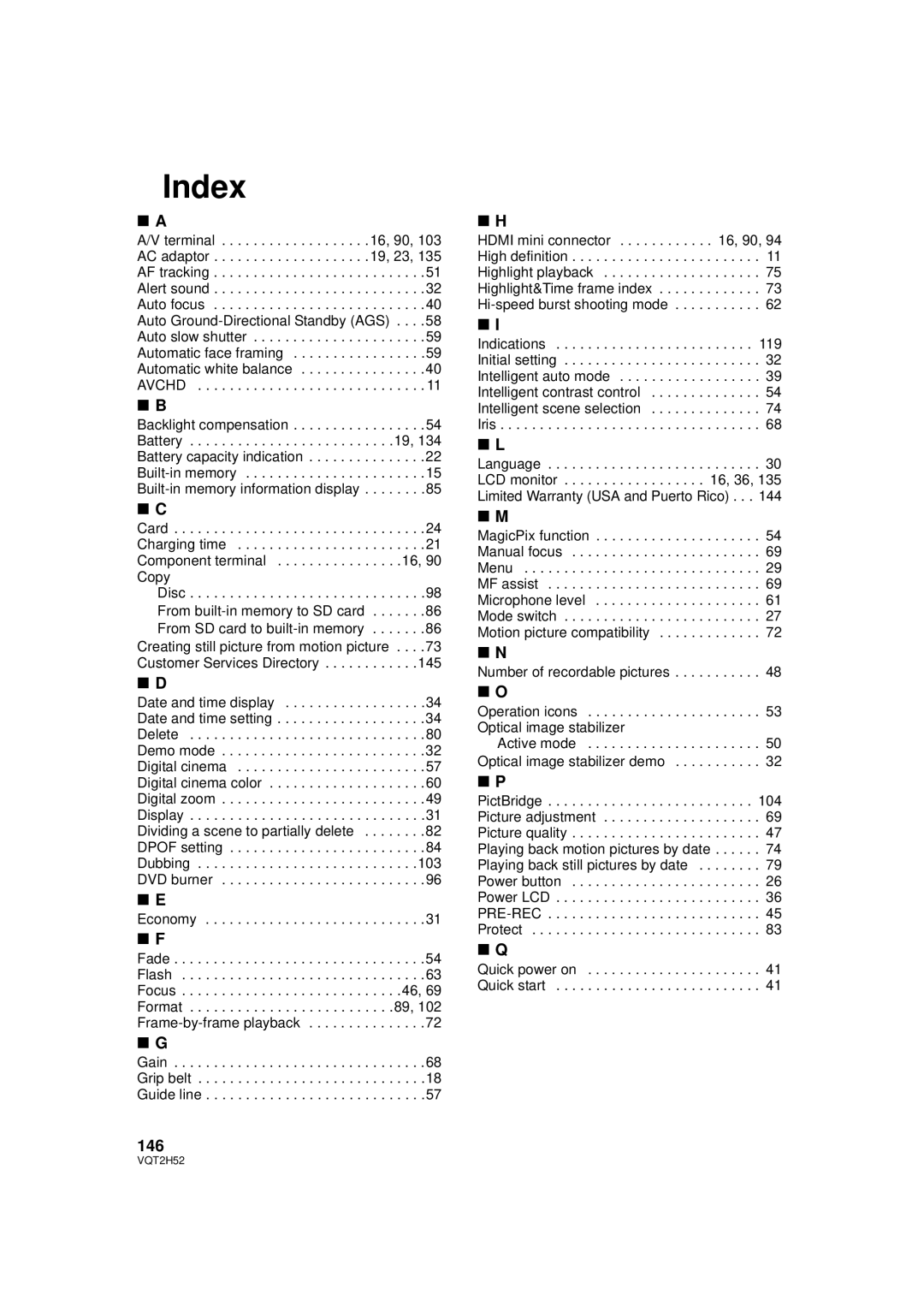 Panasonic HDC-TM10PP, HDC-SD10PP, HDC-TM15P, VQT2H52 operating instructions Index, 146 