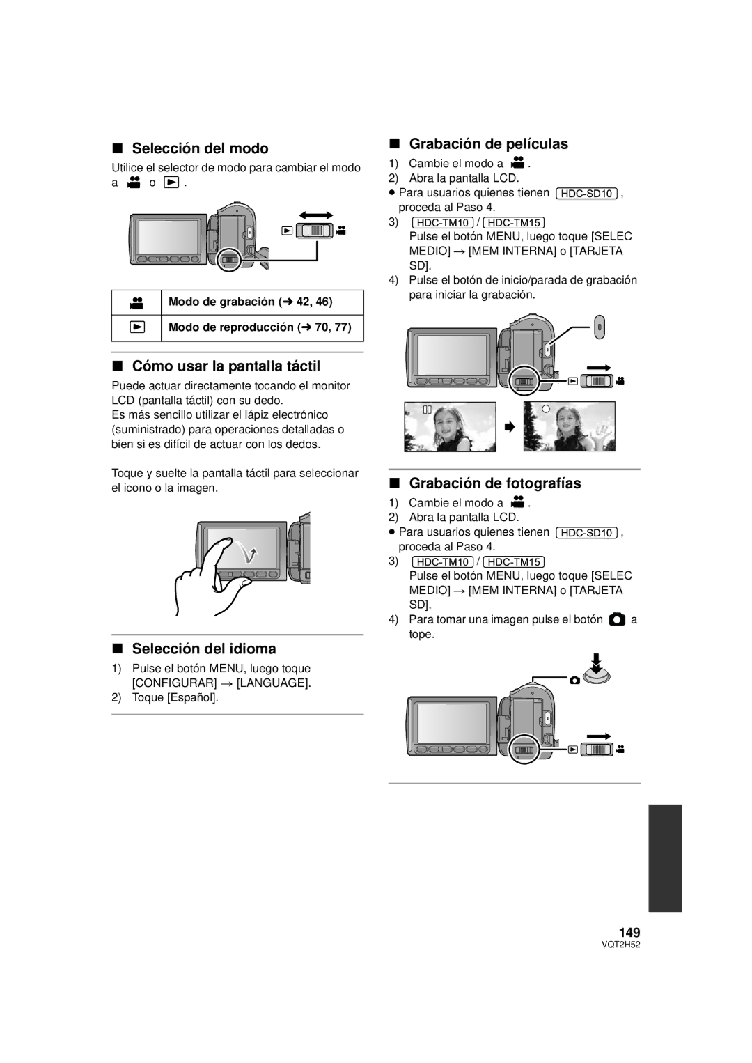 Panasonic HDC-TM15P Selección del modo, Cómo usar la pantalla táctil, Selección del idioma, Grabación de películas 